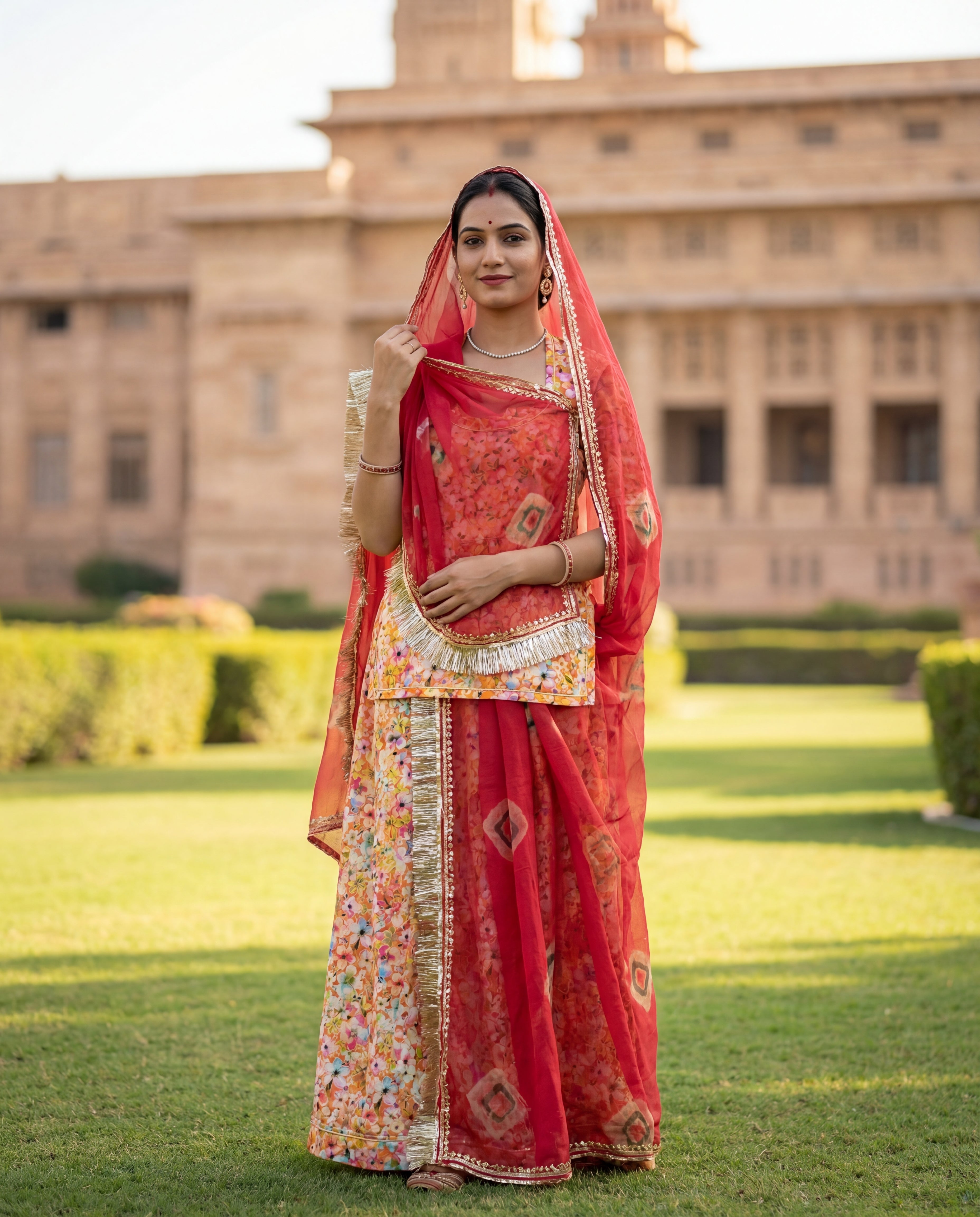 'Kesar Bahaar' - Vibrant Orange Floral Printed Rajputi Suit Set + Deep Red Contrast Odhani