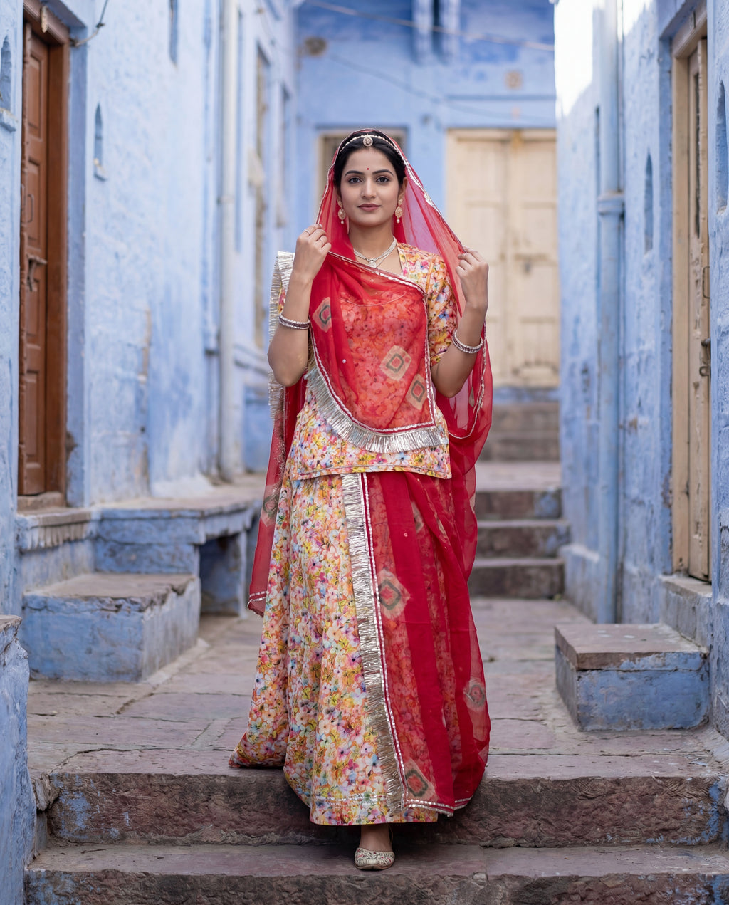 'Kesar Bahaar' - Vibrant Orange Floral Printed Rajputi Suit Set + Deep Red Contrast Odhani