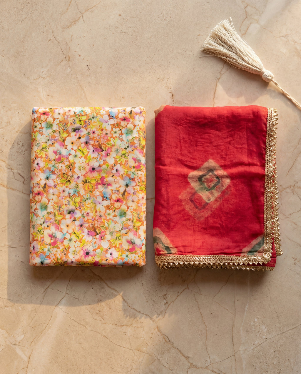 'Kesar Bahaar' - Vibrant Orange Floral Printed Rajputi Suit Set + Deep Red Contrast Odhani