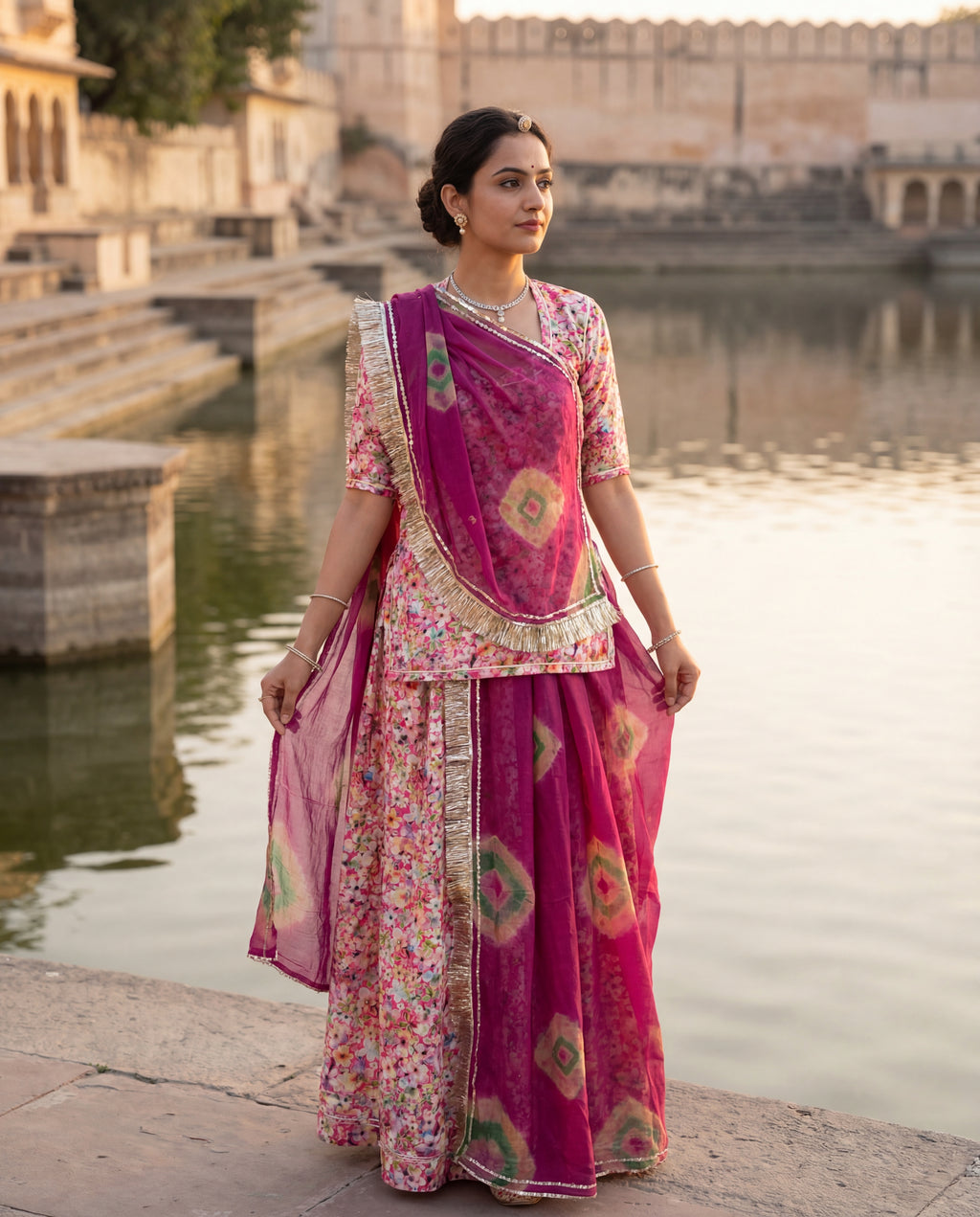 'Rani Bagh' - Multicolor Floral Print Rajputi Suit Set + Magenta Shibori Odhani