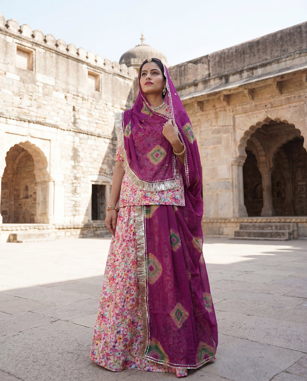 'Rani Bagh' - Multicolor Floral Print Rajputi Suit Set + Magenta Shibori Odhani