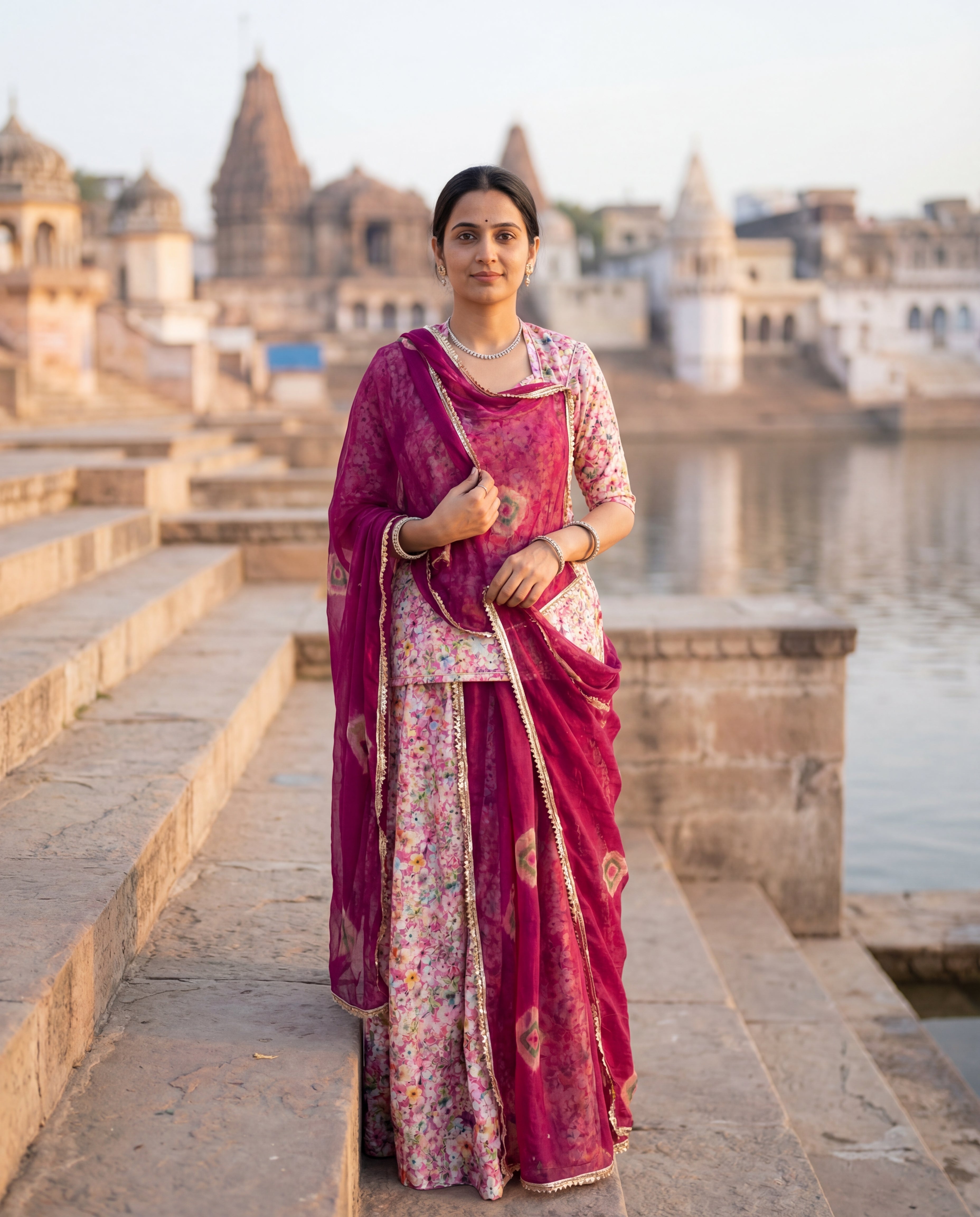 'Rani Bagh' - Multicolour Floral Pink Rajputi Suit Set + Deep Magenta Shibori Odhani
