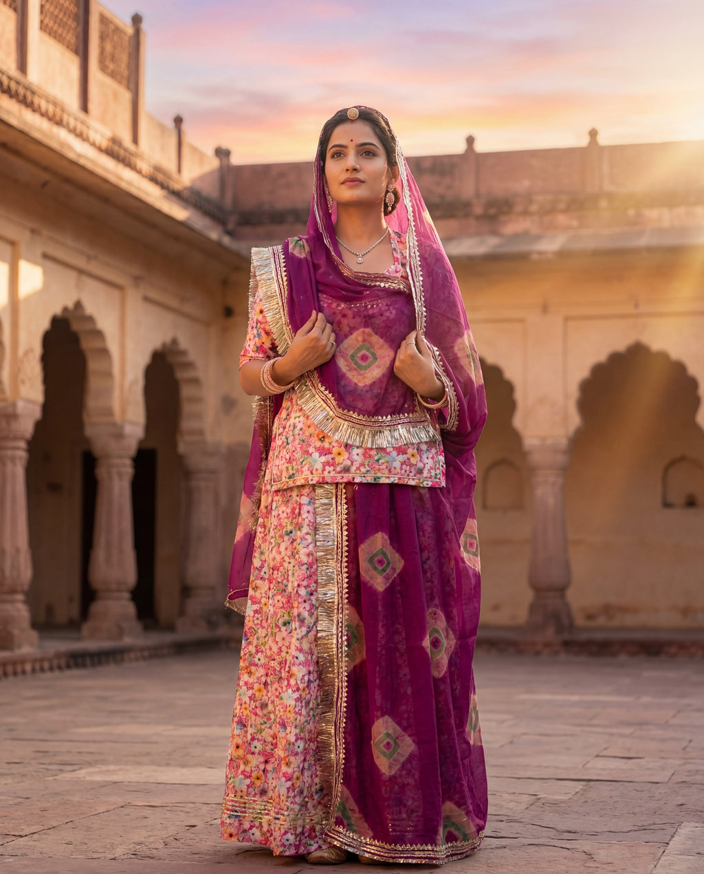 'Rani Bagh' - Multicolour Floral Pink Rajputi Suit Set + Deep Magenta Shibori Odhani