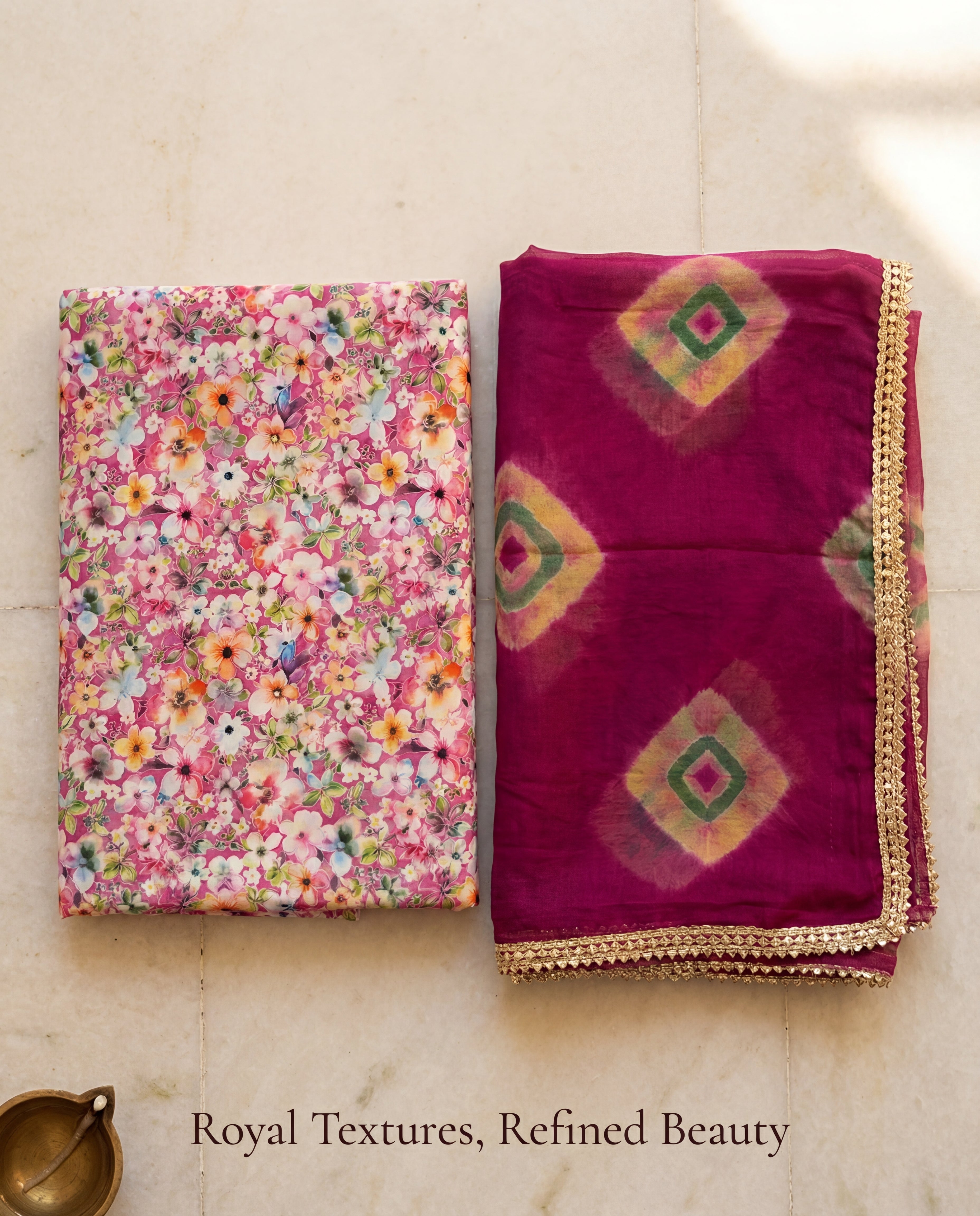 'Rani Bagh' - Multicolour Floral Pink Rajputi Suit Set + Deep Magenta Shibori Odhani
