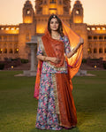 'Neelwari' - Navy Blue Floral Print Rajputi Suit Set + Rust Orange Shaded Odhani