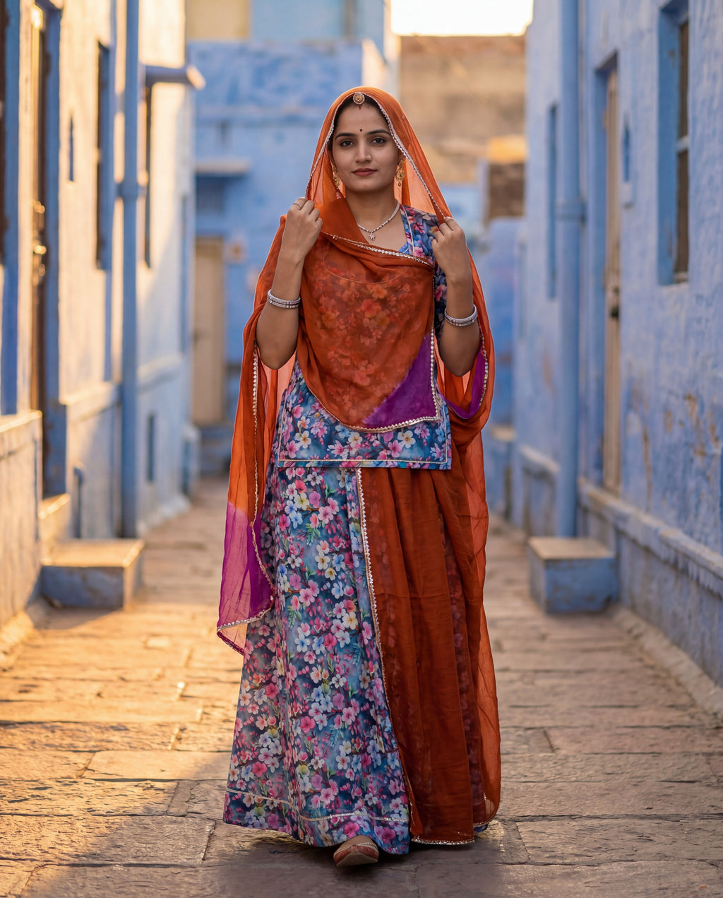 'Neelwari' - Navy Blue Floral Print Rajputi Suit Set + Rust Orange Shaded Odhani