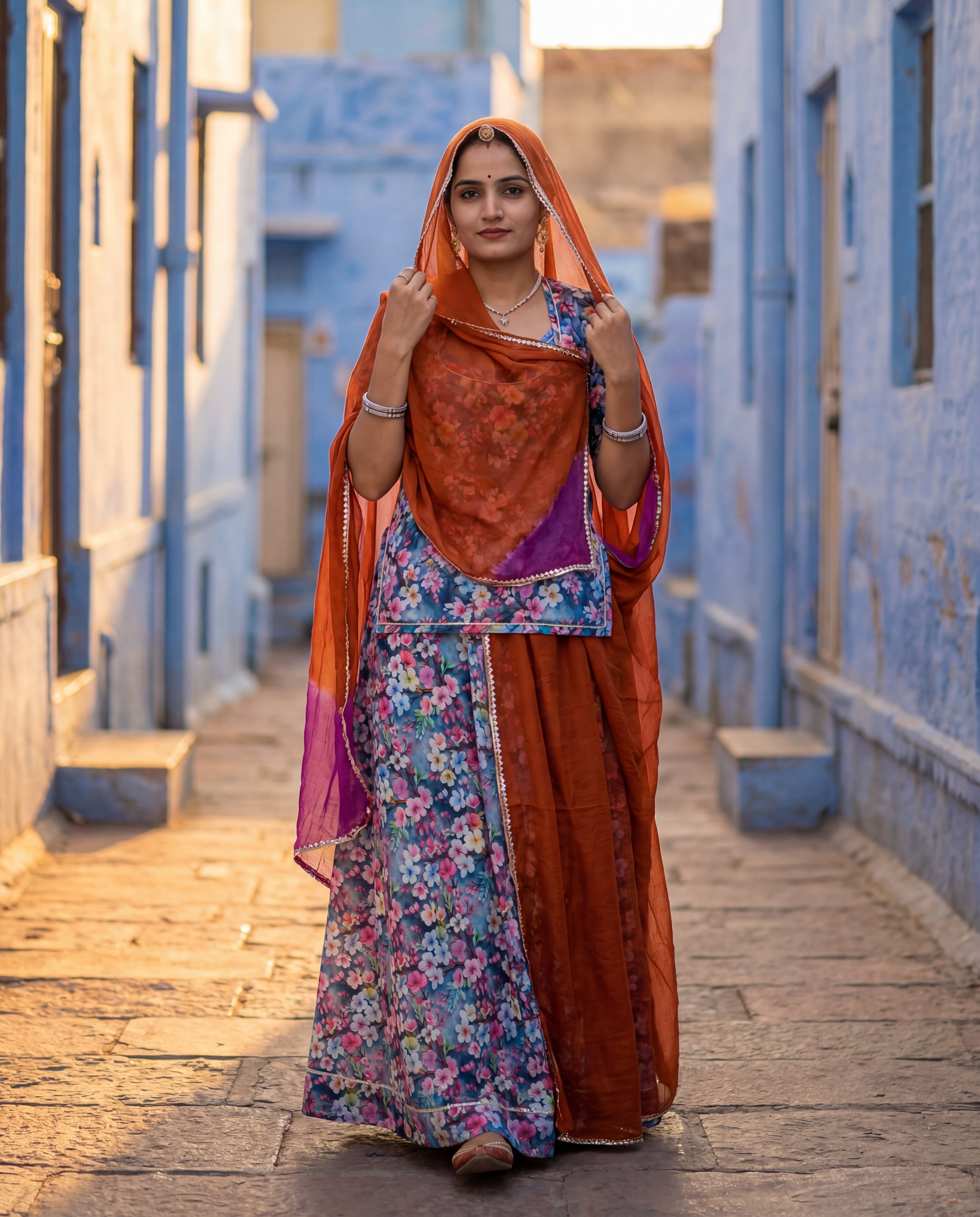 'Neelwari' - Navy Blue Floral Print Rajputi Suit Set + Rust Orange Shaded Odhani