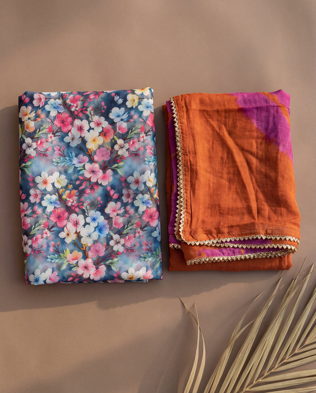 'Neelwari' - Navy Blue Floral Print Rajputi Suit Set + Rust Orange Shaded Odhani