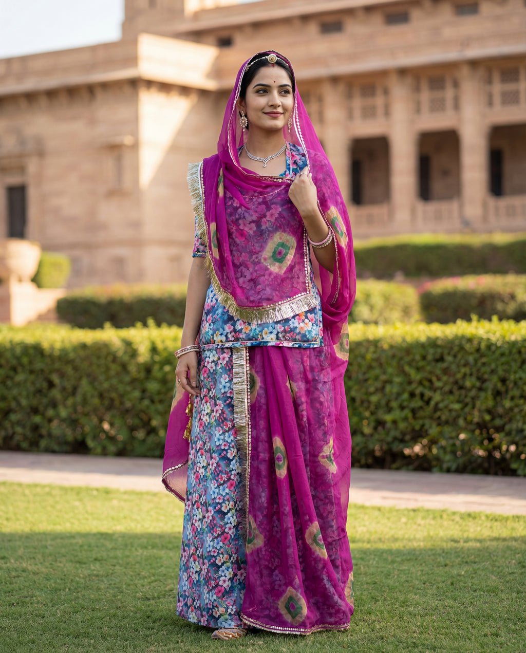 'Neel-Bagh' - Slate Blue Floral Print Rajputi Suit Set + Deep Purple Bandhani Odhani