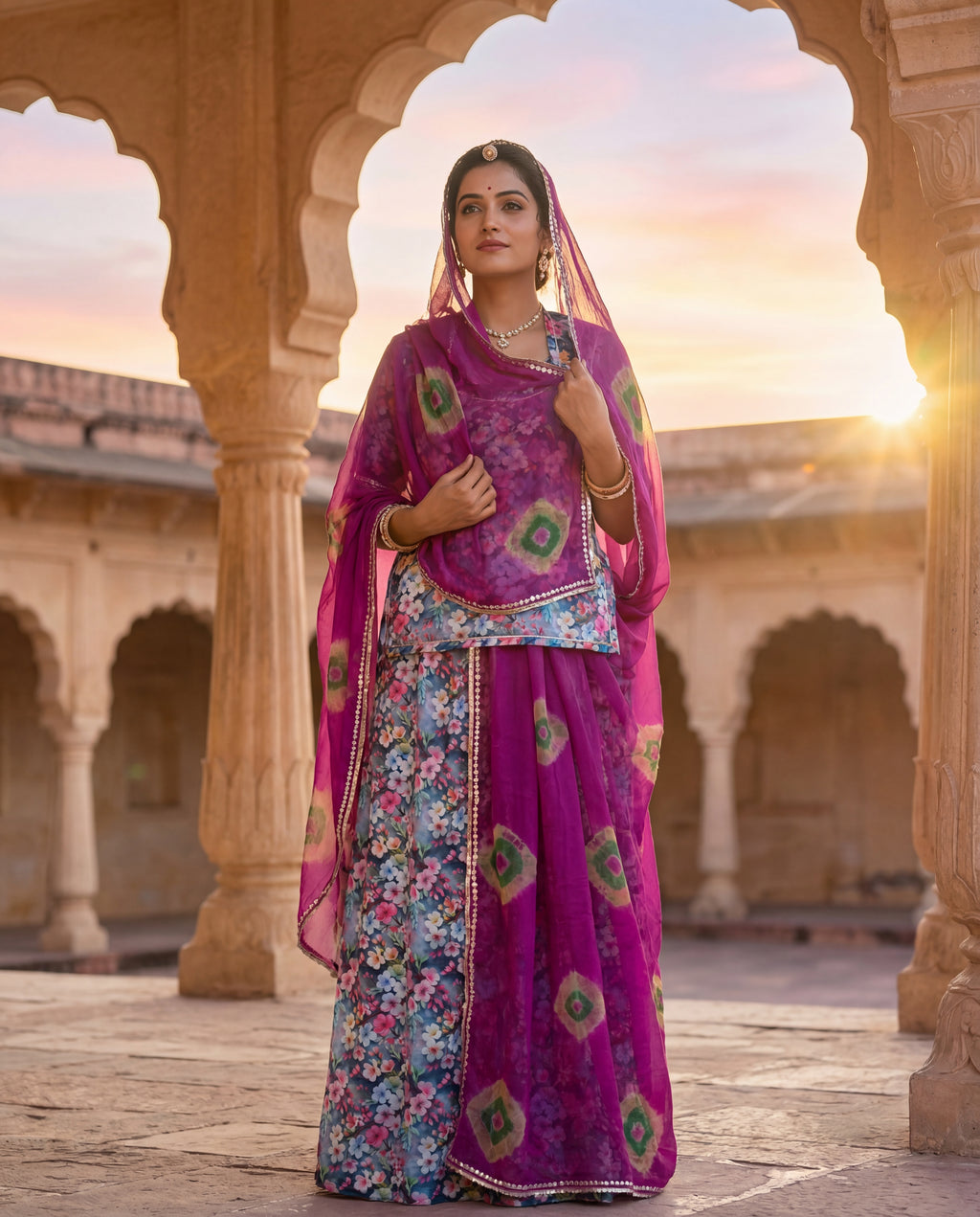 'Neel-Bagh' - Slate Blue Floral Print Rajputi Suit Set + Deep Purple Bandhani Odhani