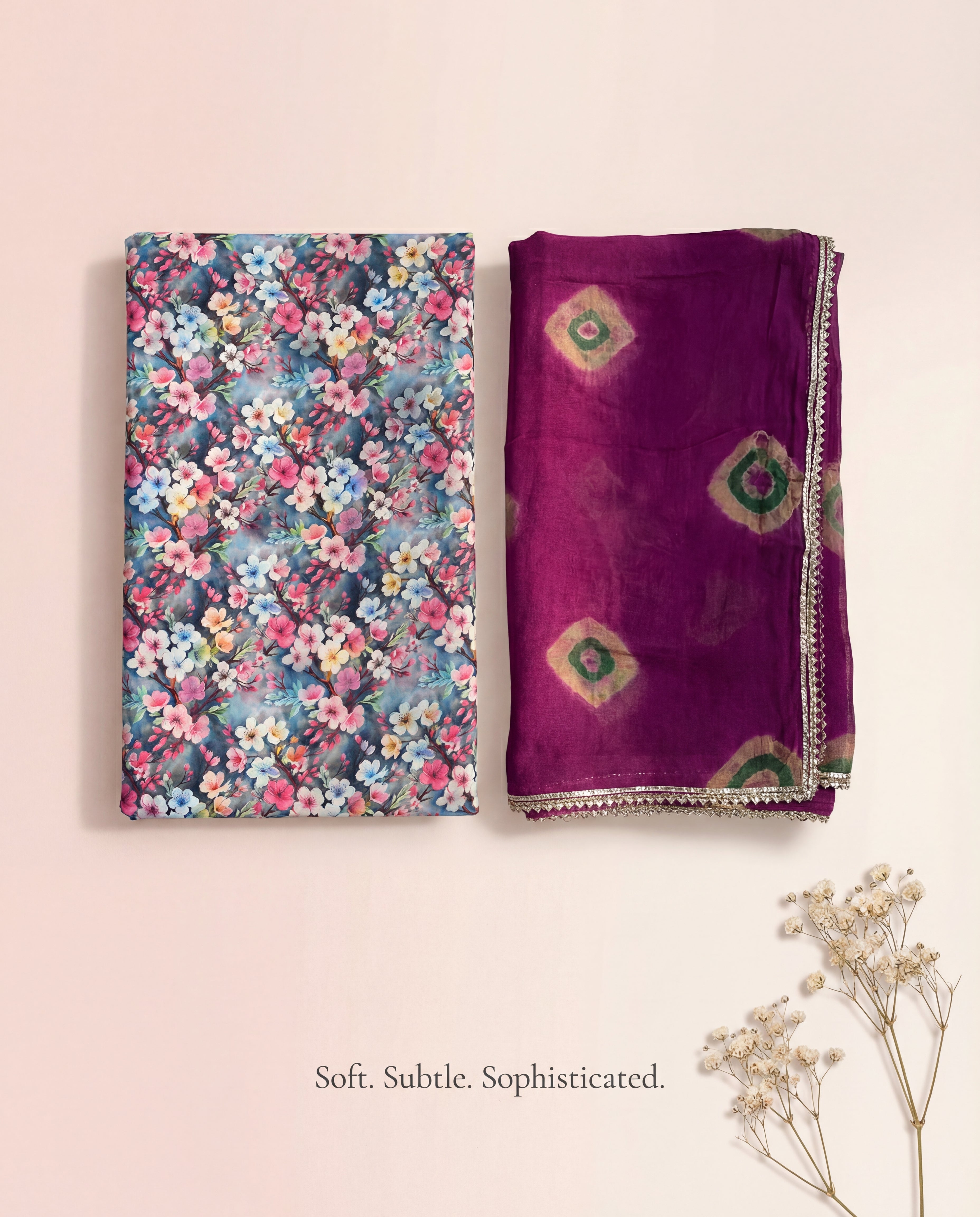 'Neel-Bagh' - Slate Blue Floral Print Rajputi Suit Set + Deep Purple Bandhani Odhani