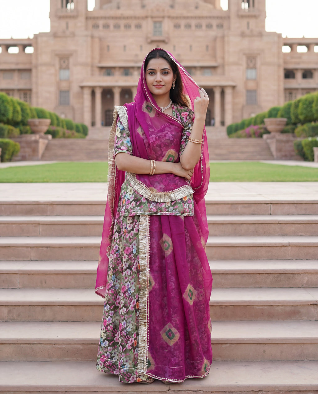 'Vatika' - Moss Green Floral Rajputi Suit Set + Rani Pink Shibori Odhani