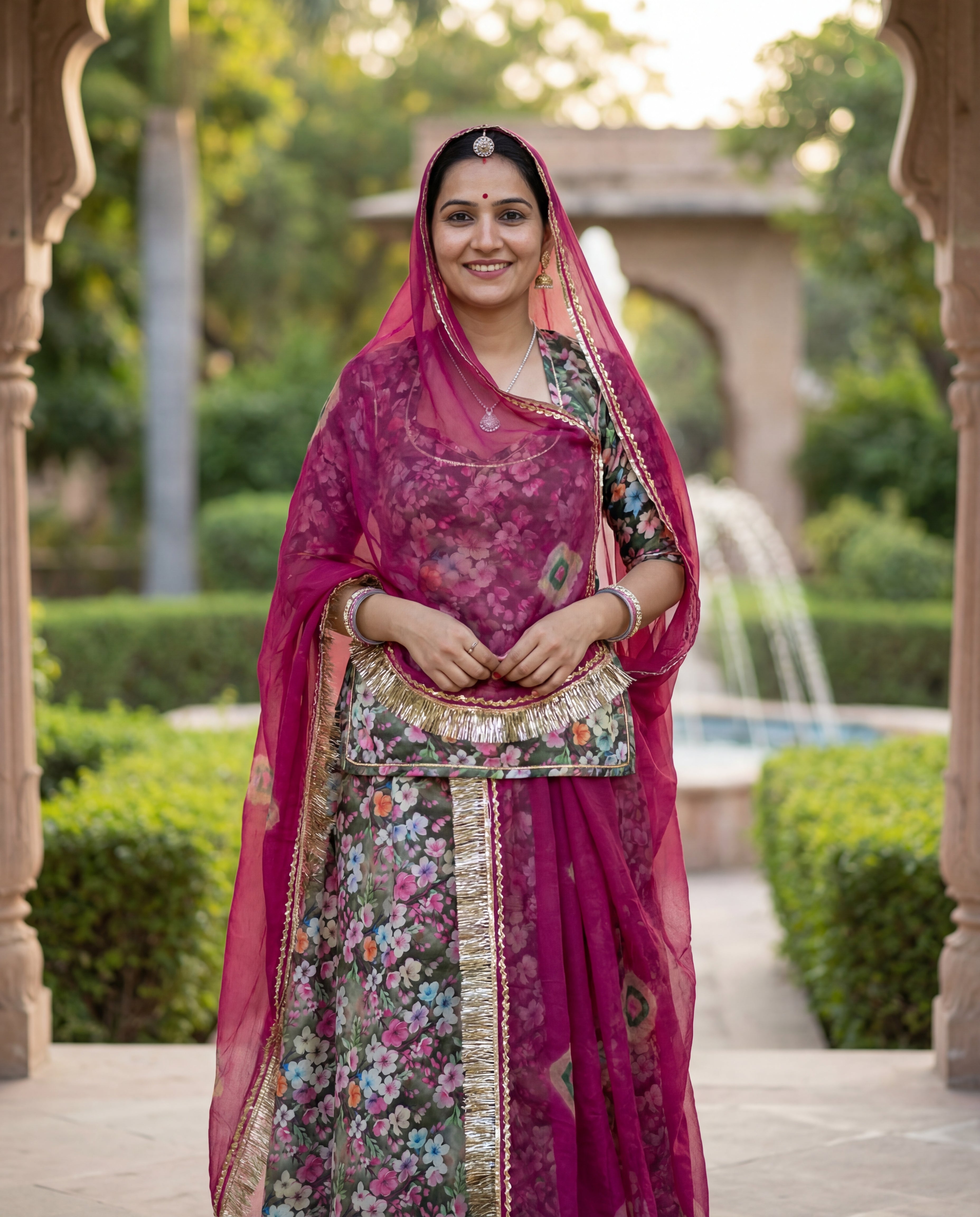 'Vatika' - Moss Green Floral Rajputi Suit Set + Rani Pink Shibori Odhani