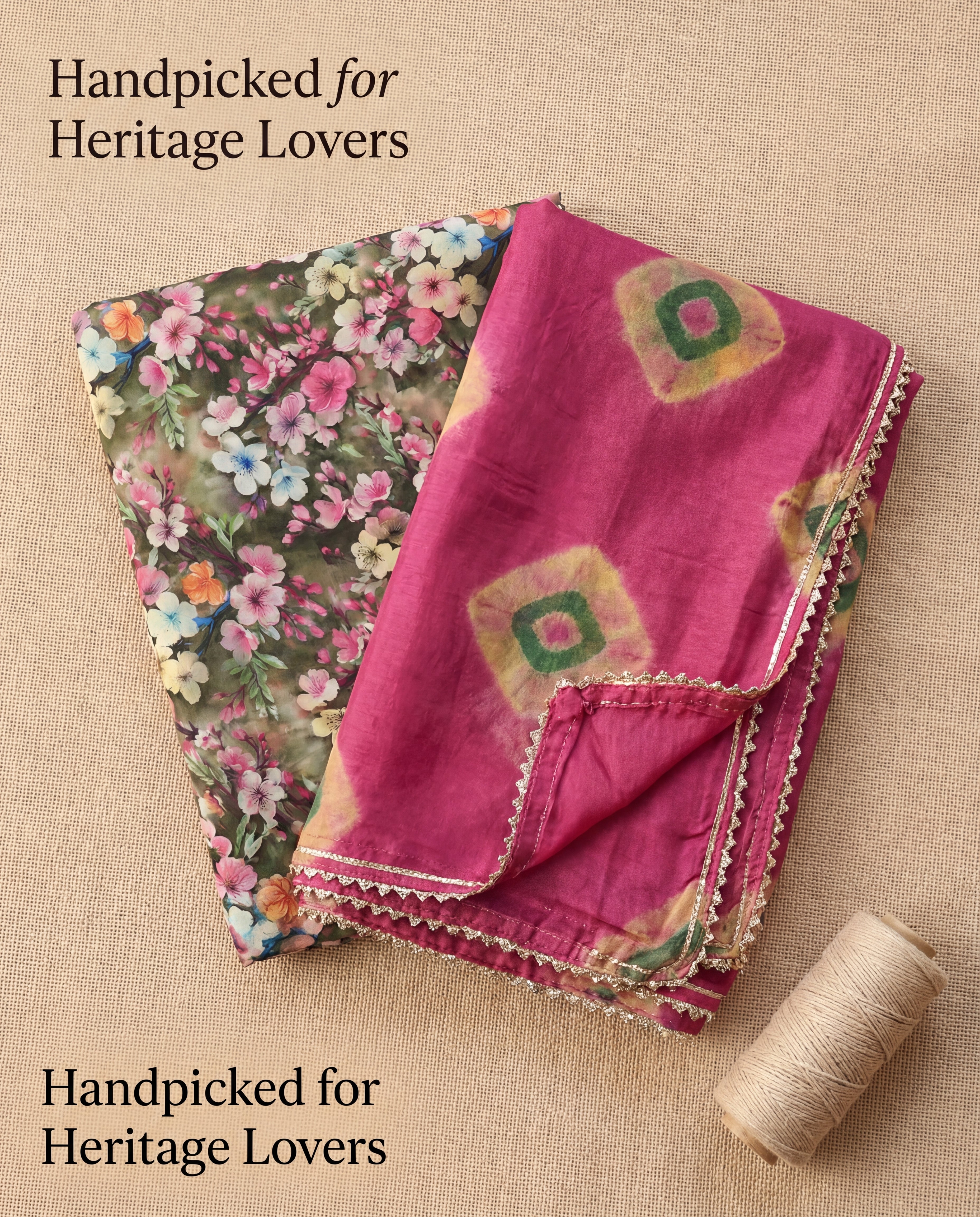 'Vatika' - Moss Green Floral Rajputi Suit Set + Rani Pink Shibori Odhani