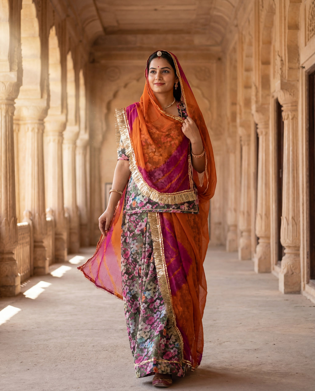'Tamra-Bagh' - Dark Olive Floral Print Rajputi Suit Set + Rust & Purple Shaded Odhani