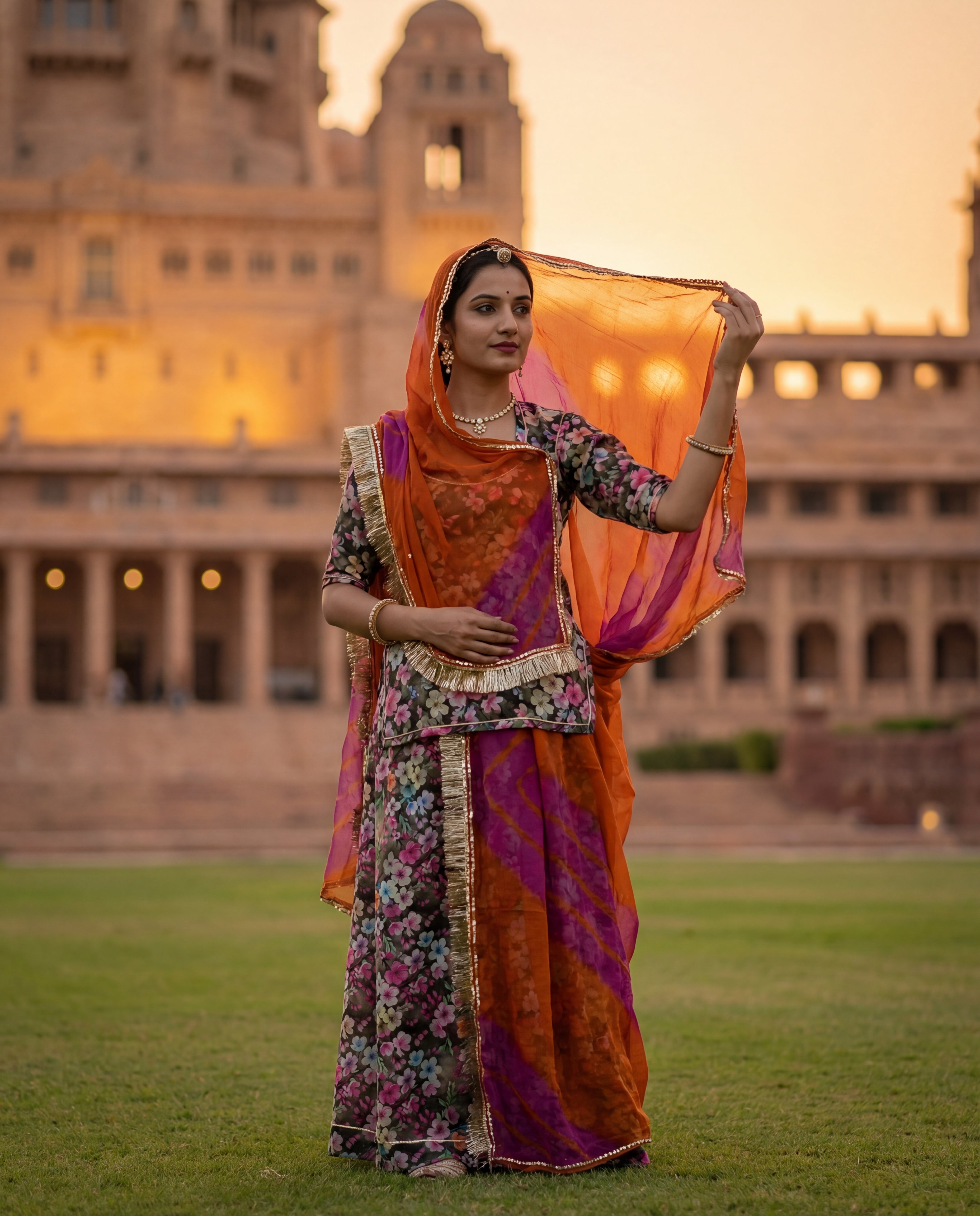 'Tamra-Bagh' - Dark Olive Floral Print Rajputi Suit Set + Rust & Purple Shaded Odhani