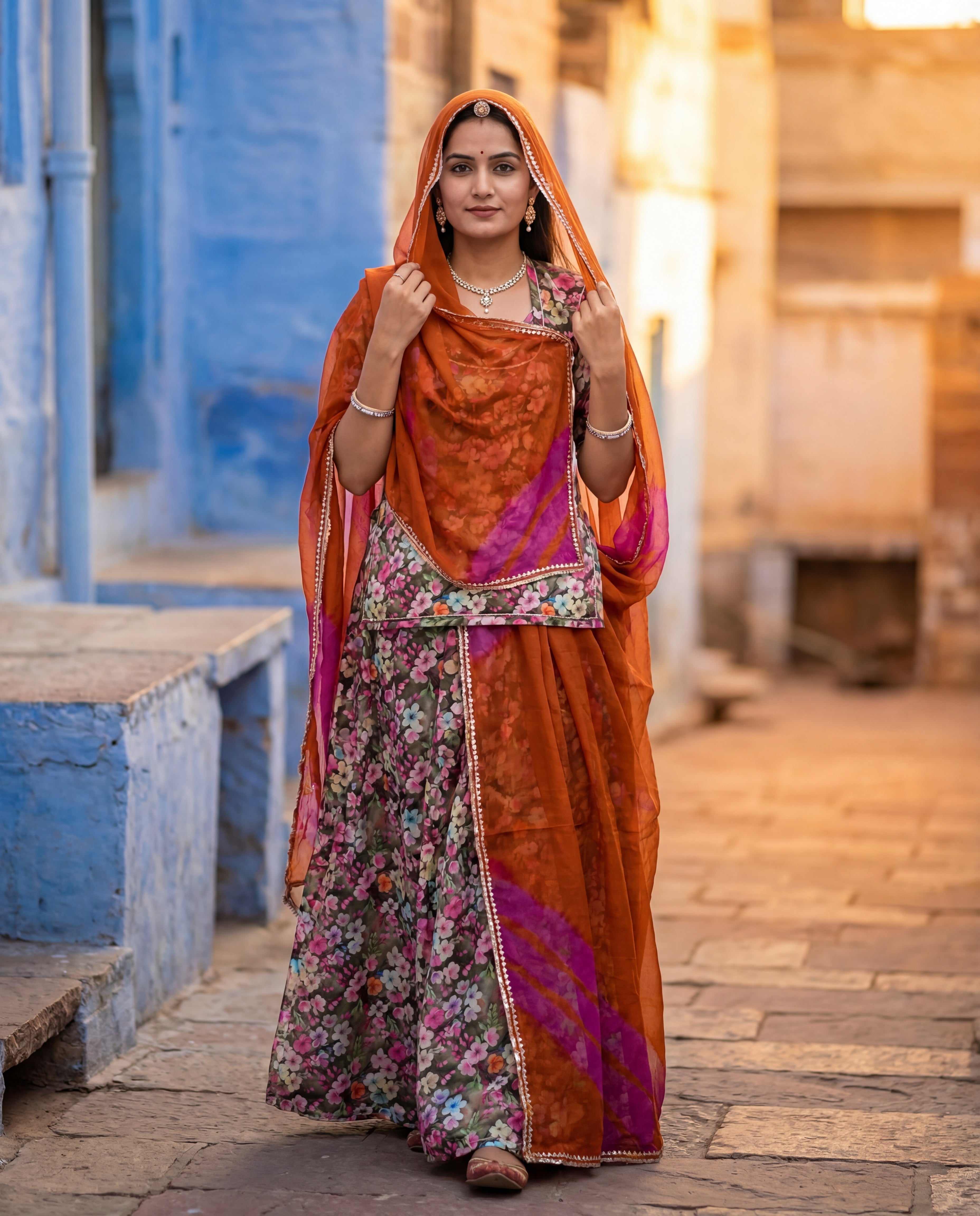 'Tamra-Bagh' - Dark Olive Floral Print Rajputi Suit Set + Rust & Purple Shaded Odhani