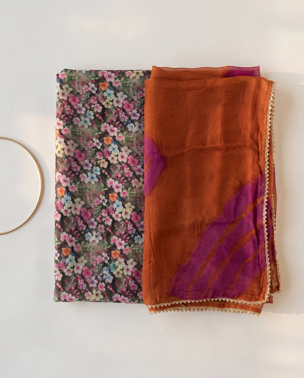 'Tamra-Bagh' - Dark Olive Floral Print Rajputi Suit Set + Rust & Purple Shaded Odhani