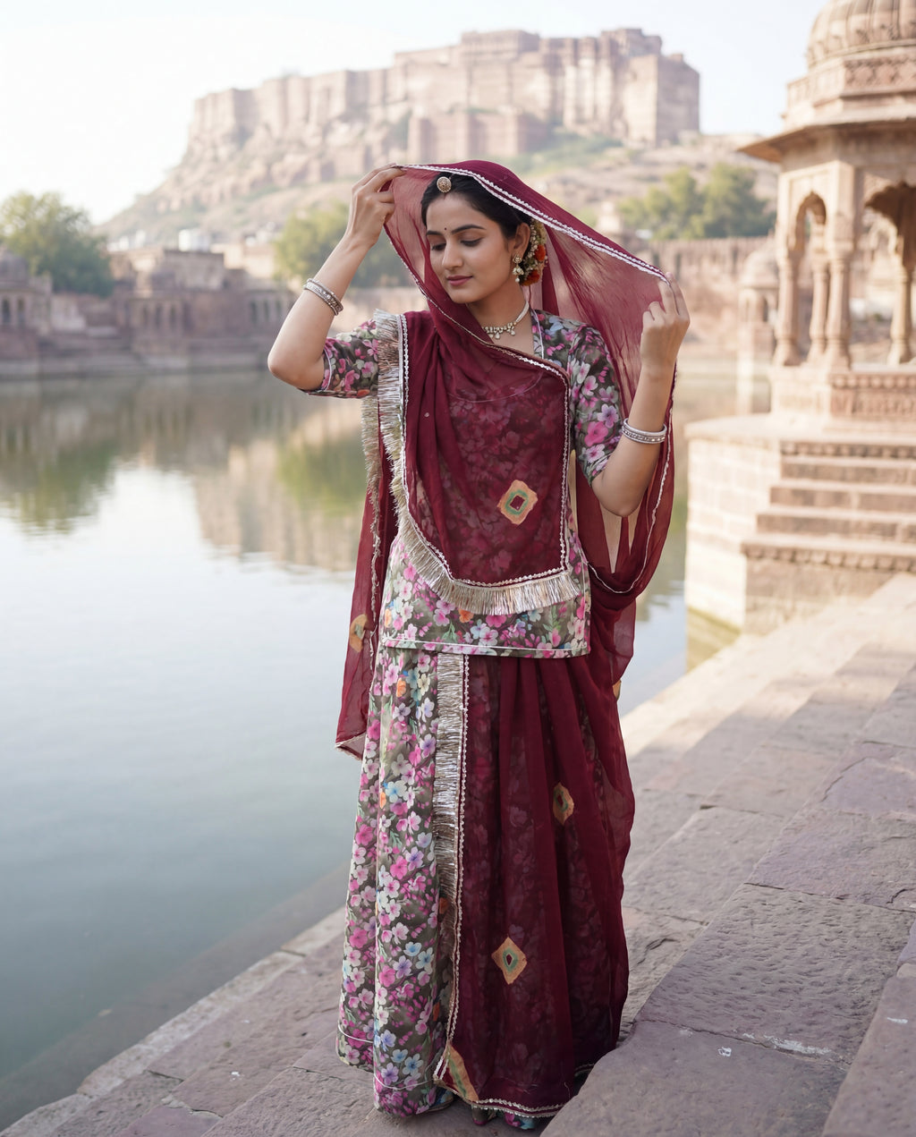 'Zaitoon' - Deep Olive Floral Rajputi Suit Set + Maroon Shibori Odhani