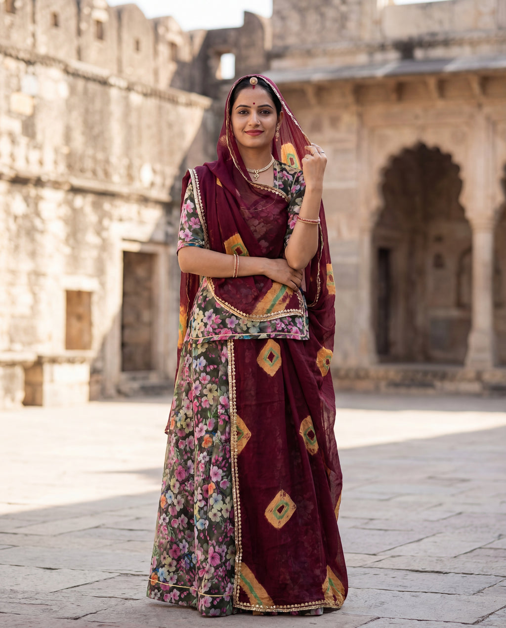 'Zaitoon' - Deep Olive Floral Rajputi Suit Set + Maroon Shibori Odhani