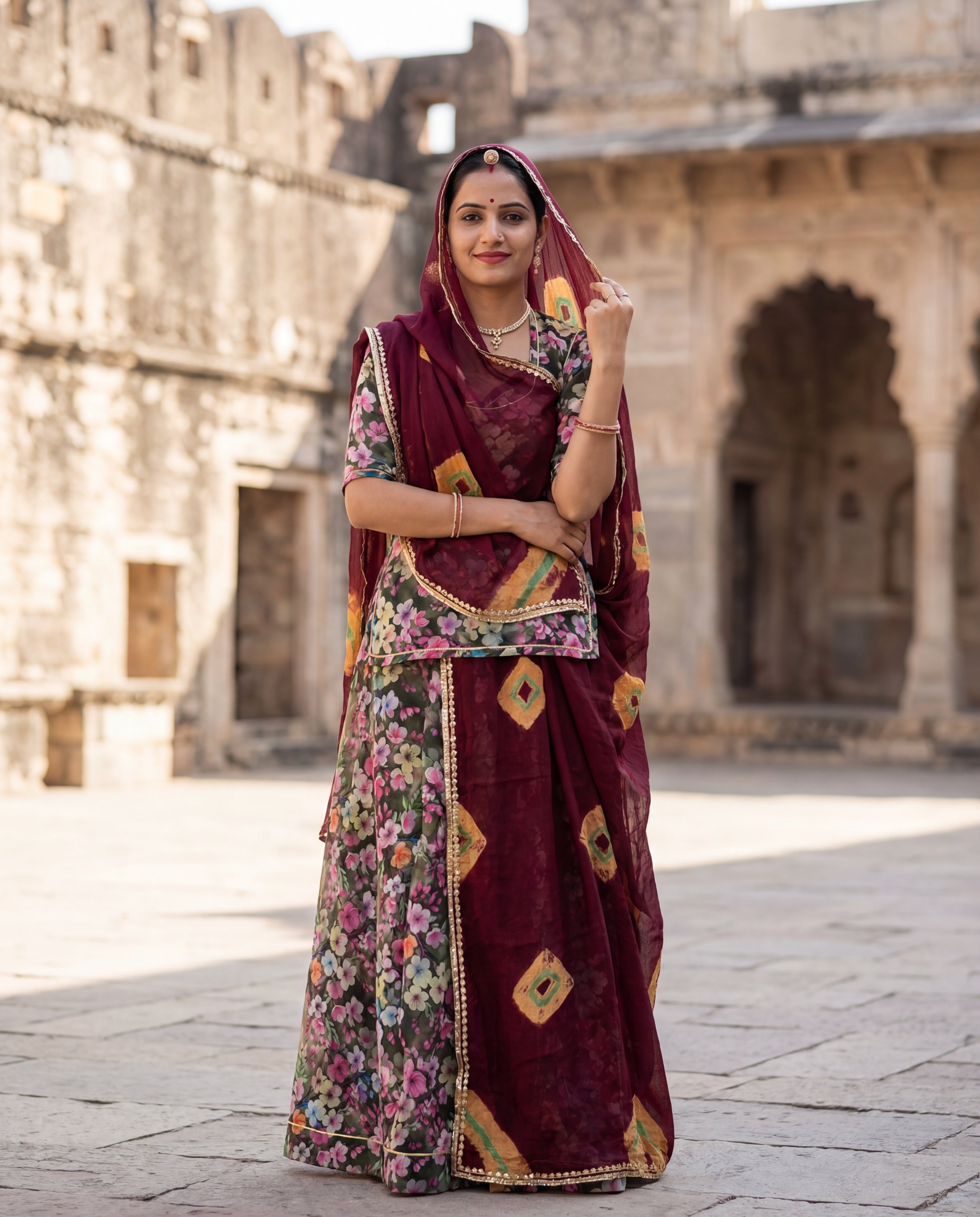'Zaitoon' - Deep Olive Floral Rajputi Suit Set + Maroon Shibori Odhani