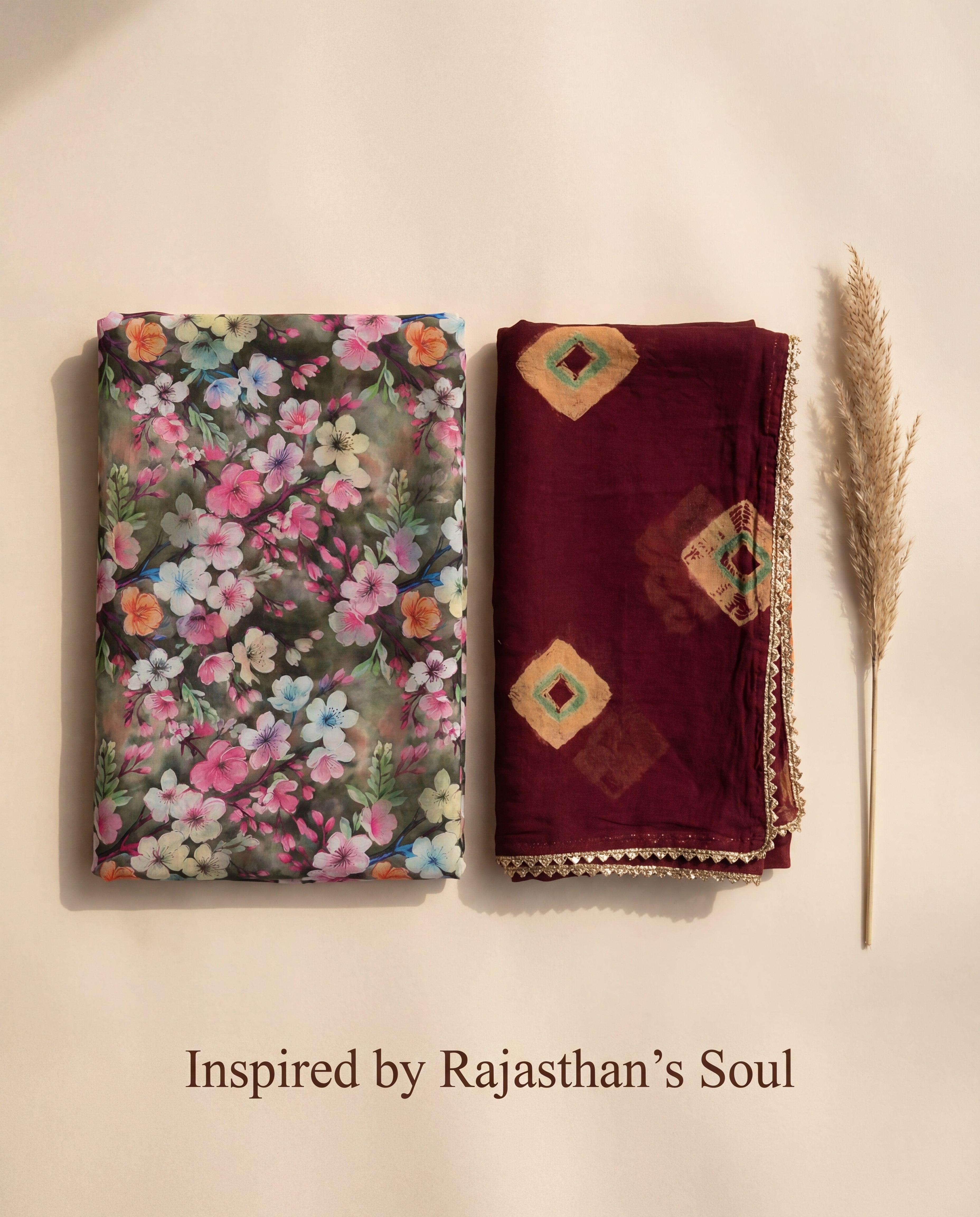 'Zaitoon' - Deep Olive Floral Rajputi Suit Set + Maroon Shibori Odhani