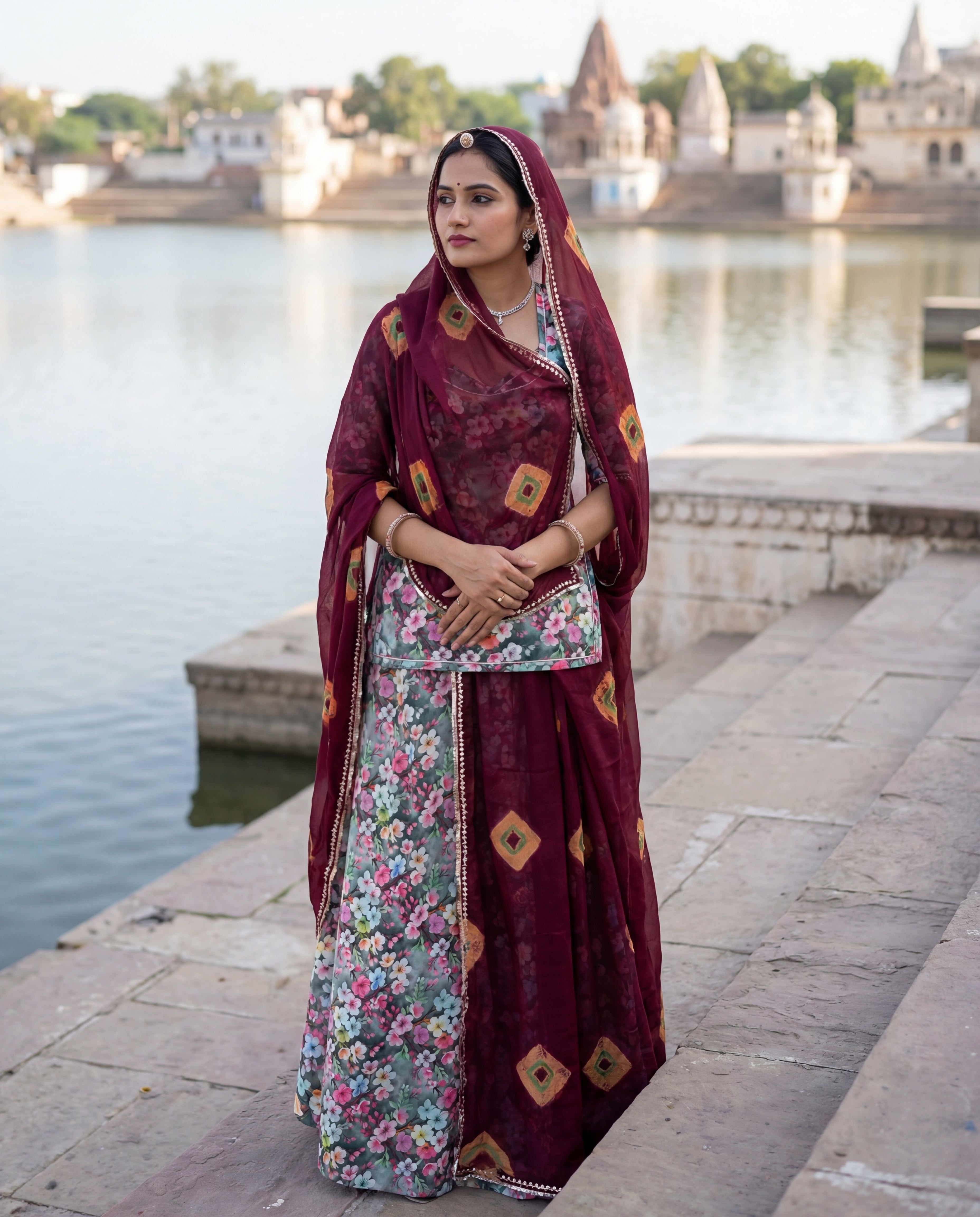 'Gul-Bahar' - Dark Olive Floral Print Rajputi Suit Set + Maroon Bandhej Odhani