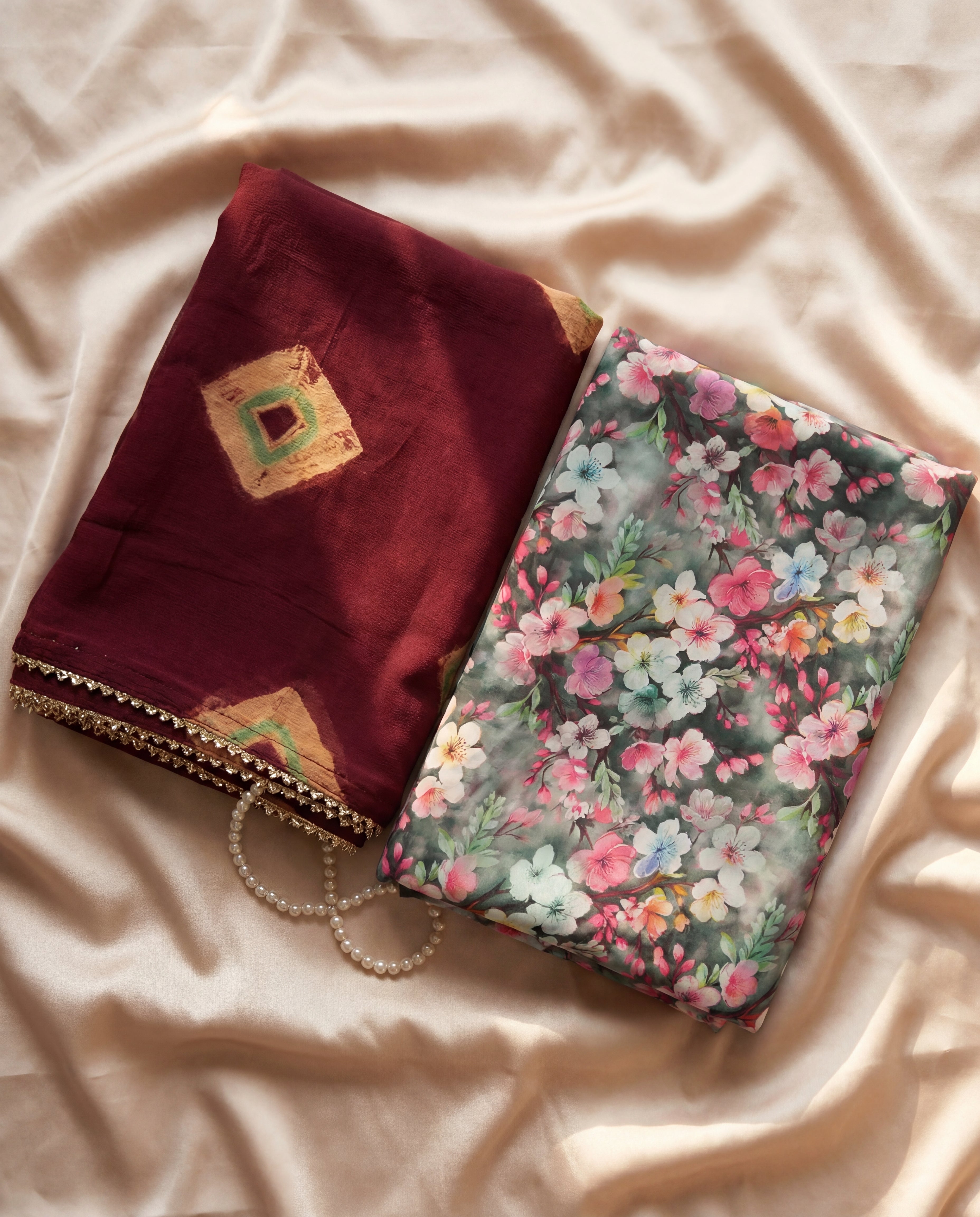 'Gul-Bahar' - Dark Olive Floral Print Rajputi Suit Set + Maroon Bandhej Odhani