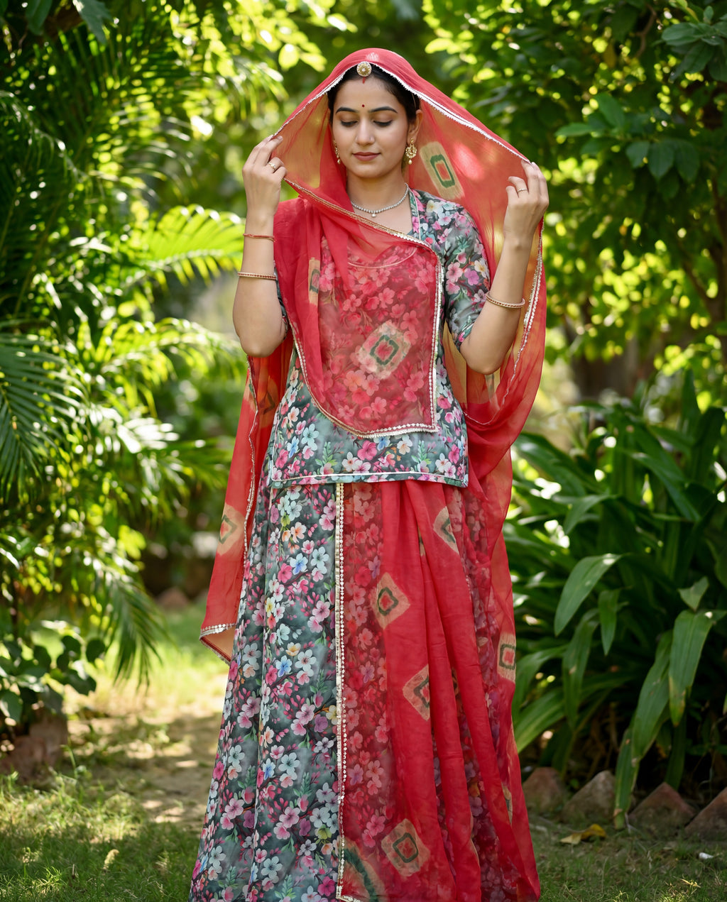 'Gulnaar' - Grey Floral Print Rajputi Suit Set + Cherry Red Odhani
