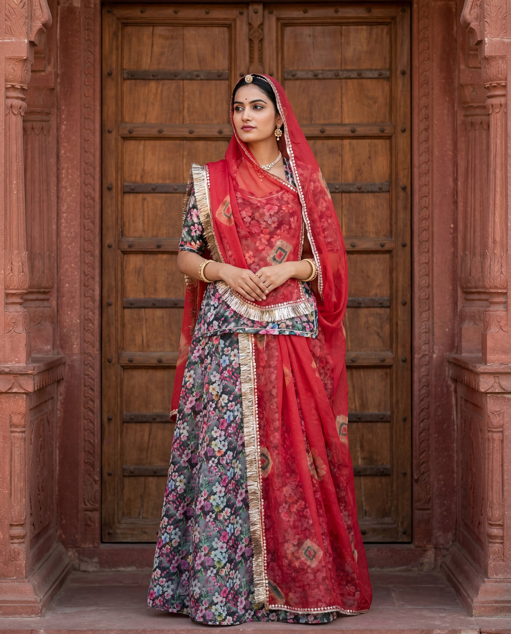 'Gulnaar' - Grey Floral Print Rajputi Suit Set + Cherry Red Odhani