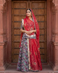 'Gulnaar' - Grey Floral Print Rajputi Suit Set + Cherry Red Odhani