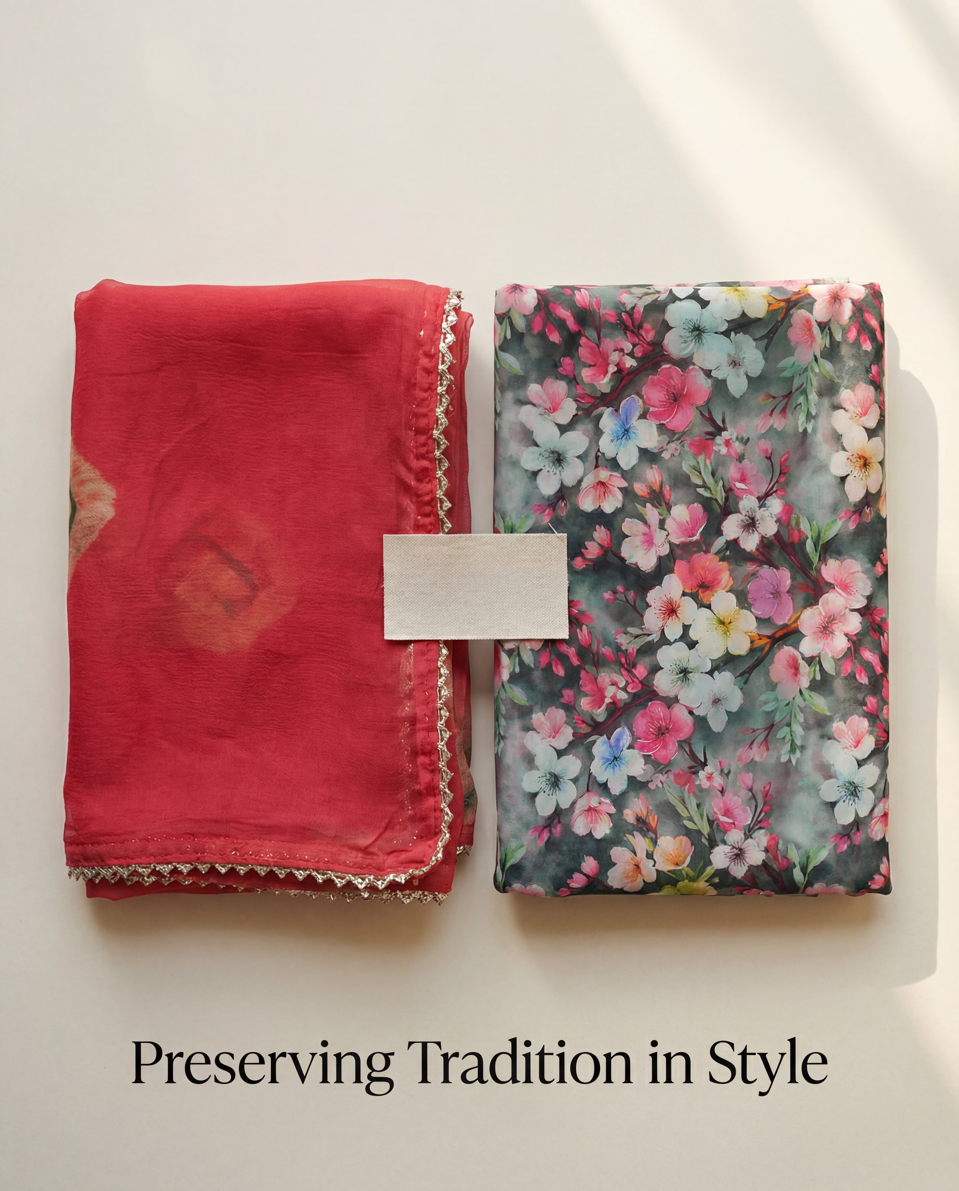 'Gulnaar' - Grey Floral Print Rajputi Suit Set + Cherry Red Odhani