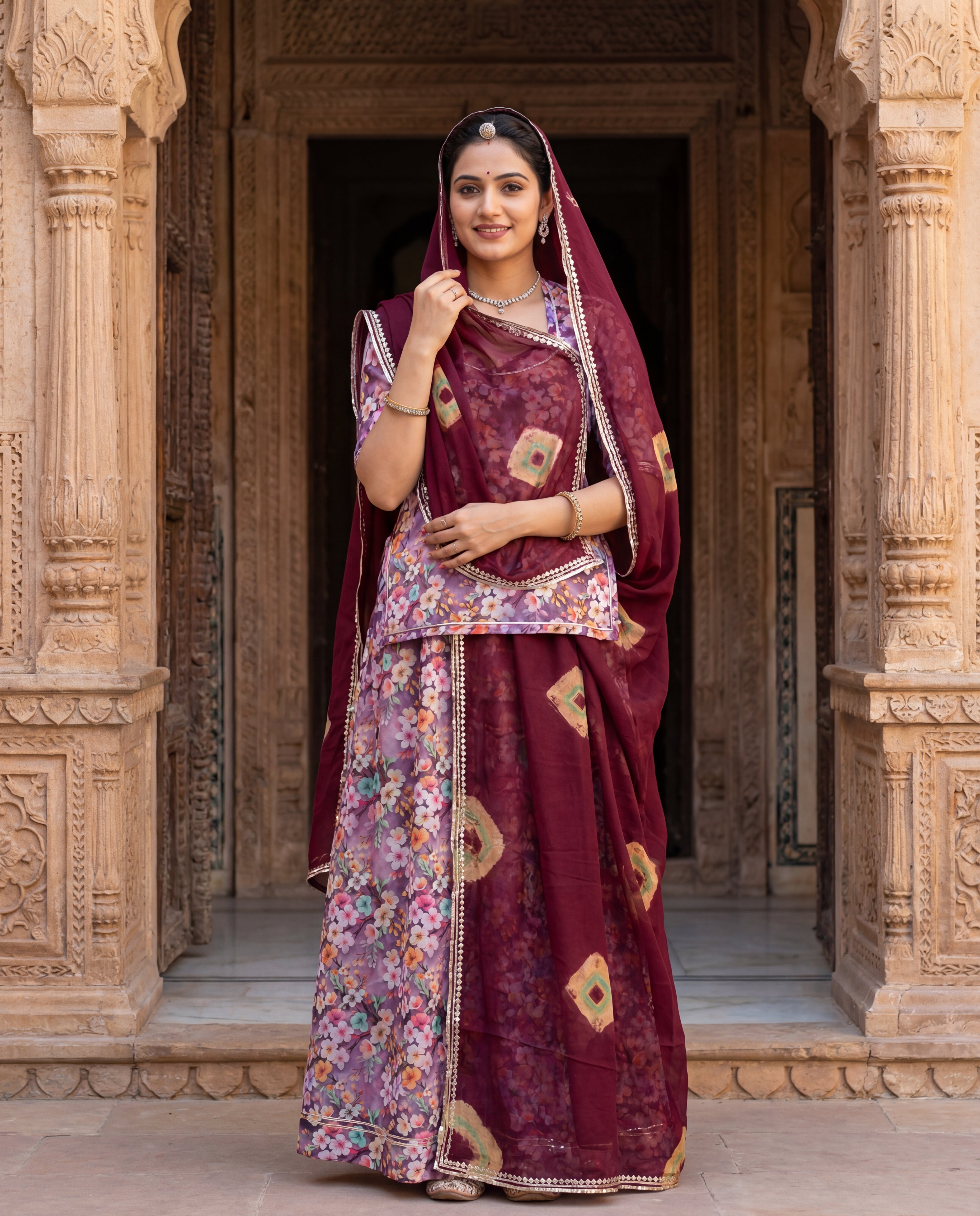 'Gul-Bahaar' - Lavender Multi-Floral Print Rajputi Suit Set + Deep Wine Shibori Odhani