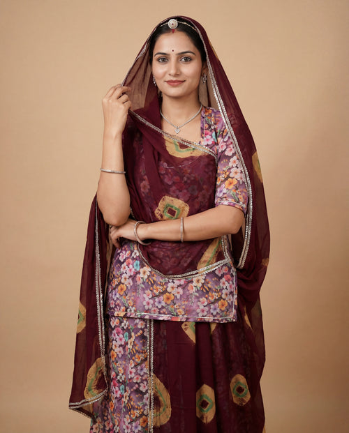 'Gul-Bahaar' - Lavender Multi-Floral Print Rajputi Suit Set + Deep Wine Shibori Odhani