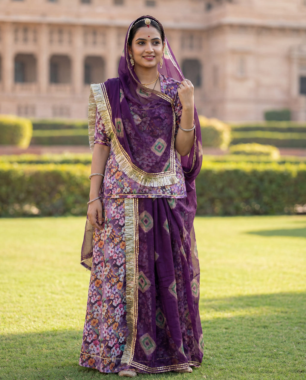 'Jamuni' - Mauve & Peach Floral Print Rajputi Suit Set + Deep Purple Patterned Odhani