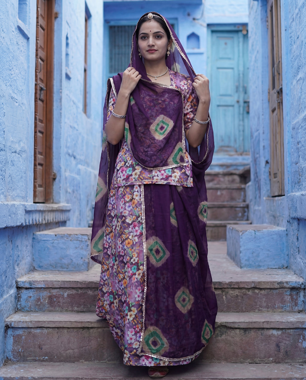 'Jamuni' - Mauve & Peach Floral Print Rajputi Suit Set + Deep Purple Patterned Odhani
