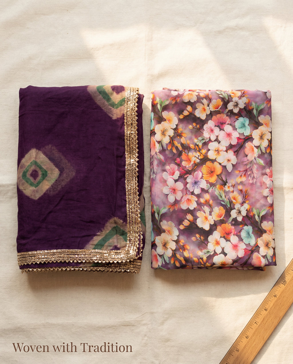 'Jamuni' - Mauve & Peach Floral Print Rajputi Suit Set + Deep Purple Patterned Odhani