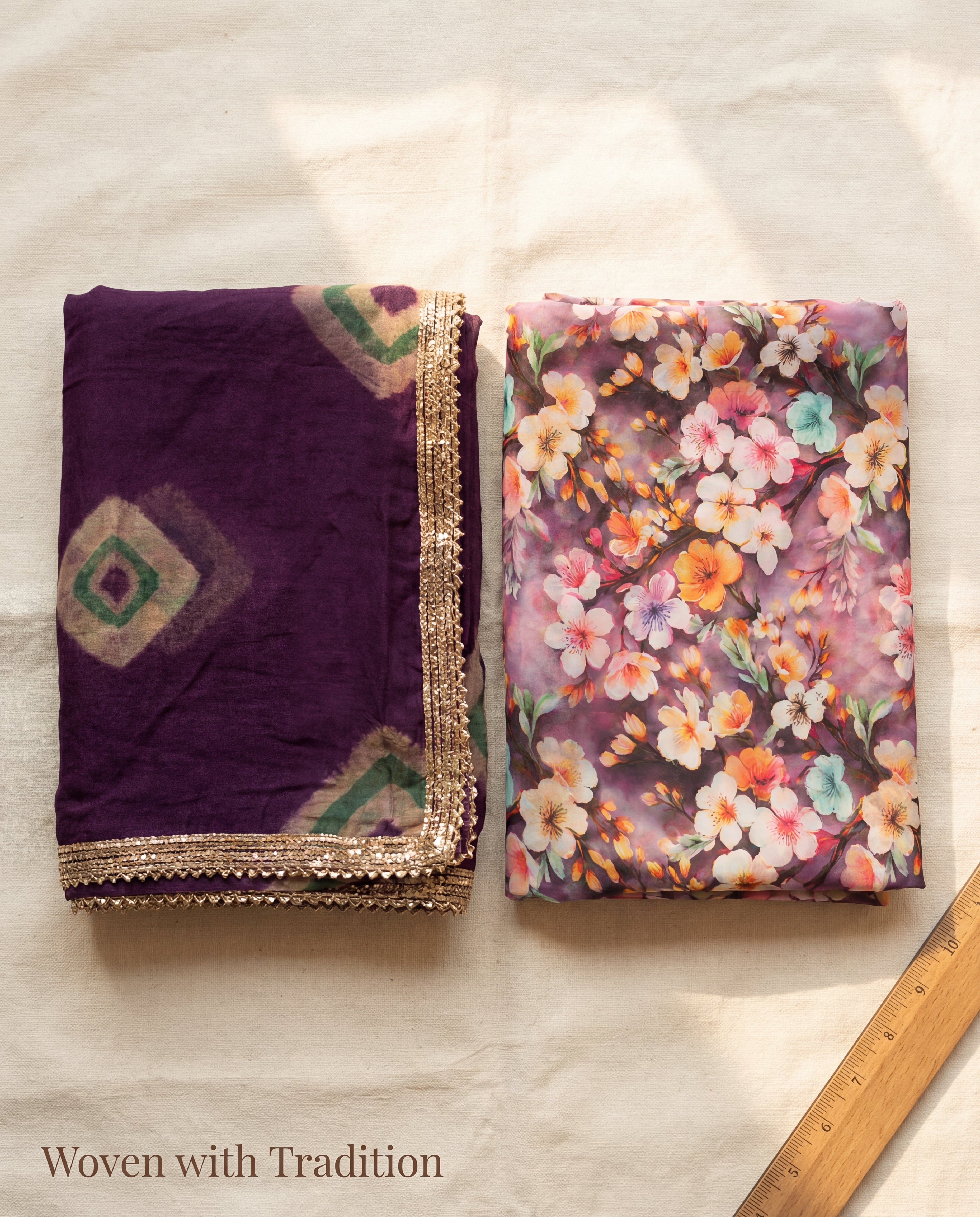 'Jamuni' - Mauve & Peach Floral Print Rajputi Suit Set + Deep Purple Patterned Odhani