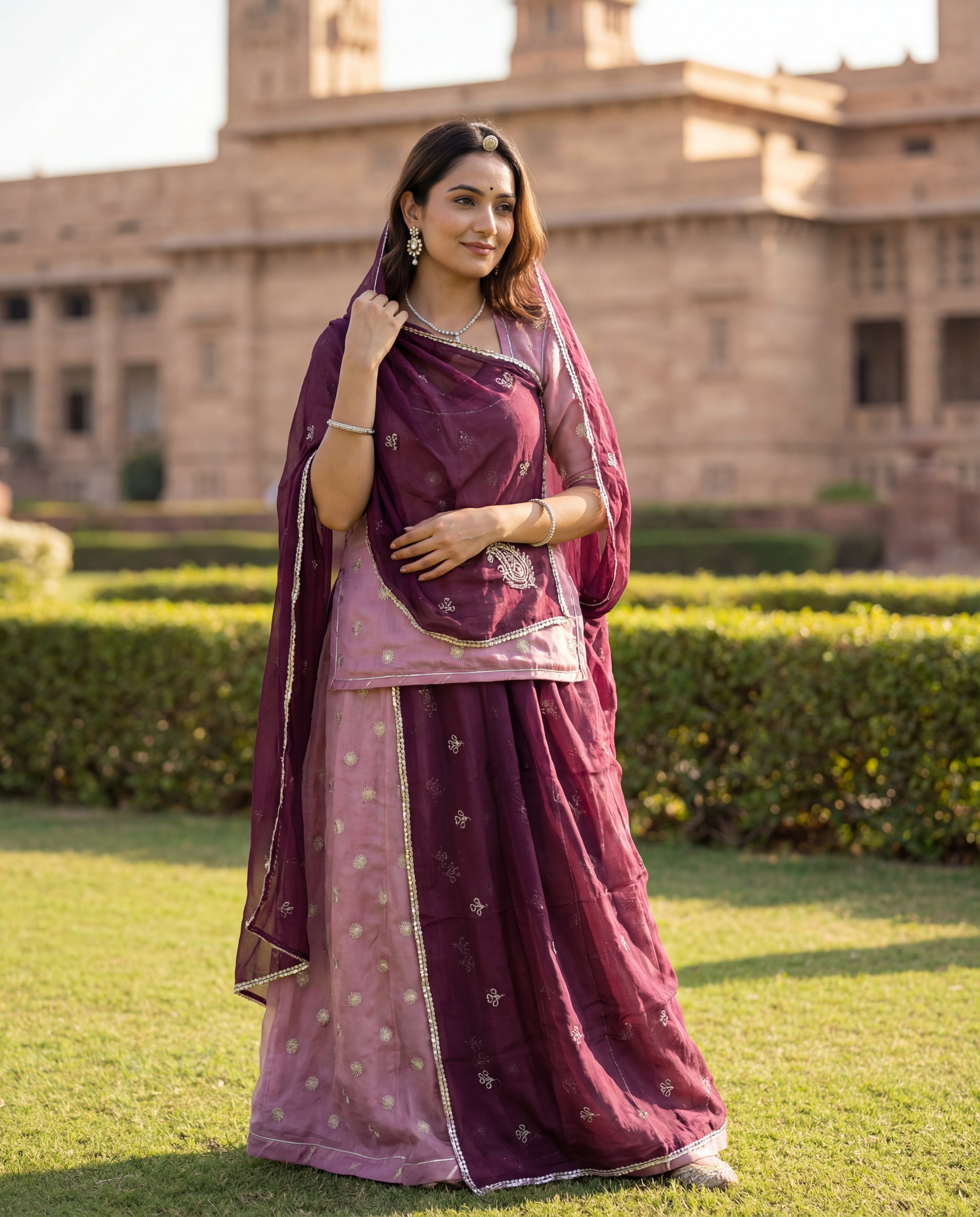 'Lavanya' - Dusty Pink Gold Butti Rajputi Suit Set + Deep Wine Odhani