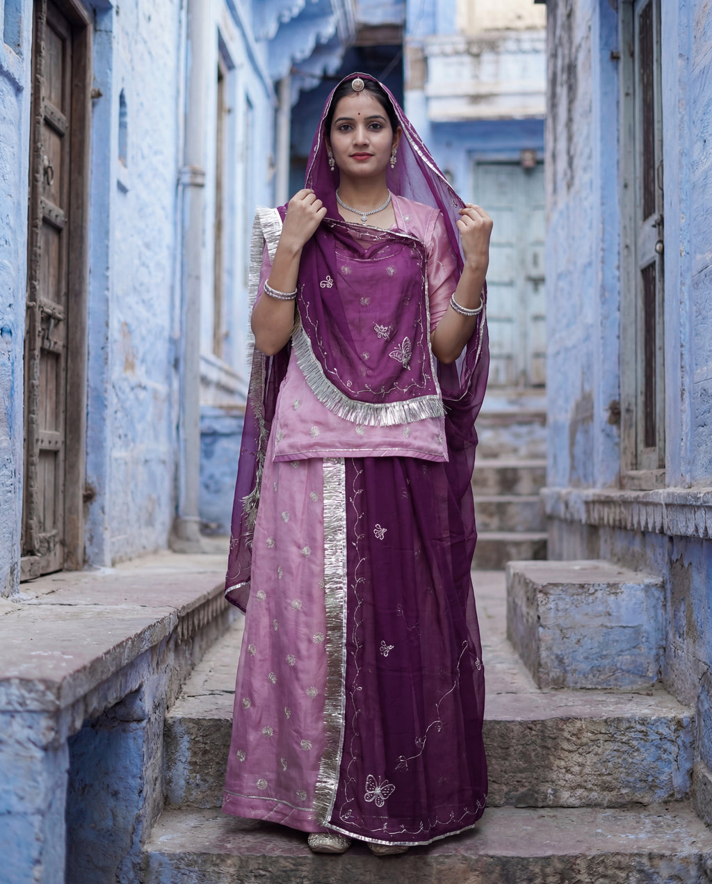 'Lavanya' - Dusty Pink Gold Butti Rajputi Suit Set + Deep Wine Odhani