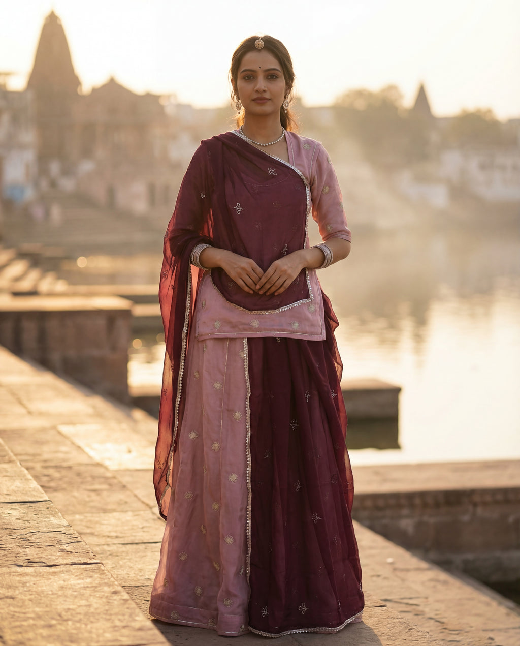 'Lavanya' - Dusty Pink Gold Butti Rajputi Suit Set + Deep Wine Odhani