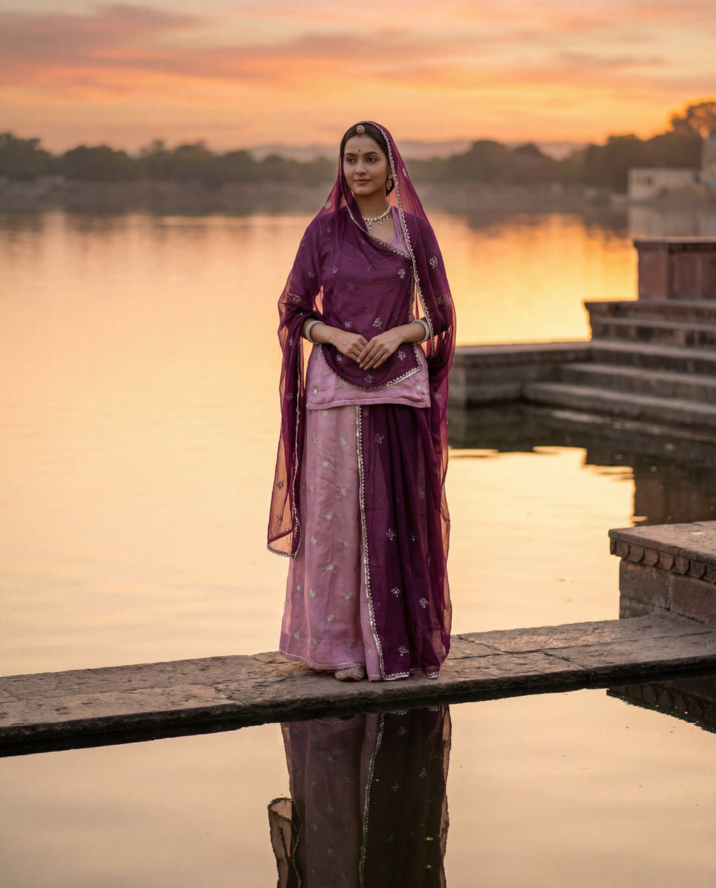 'Lavanya' - Dusty Pink Gold Butti Rajputi Suit Set + Deep Wine Odhani