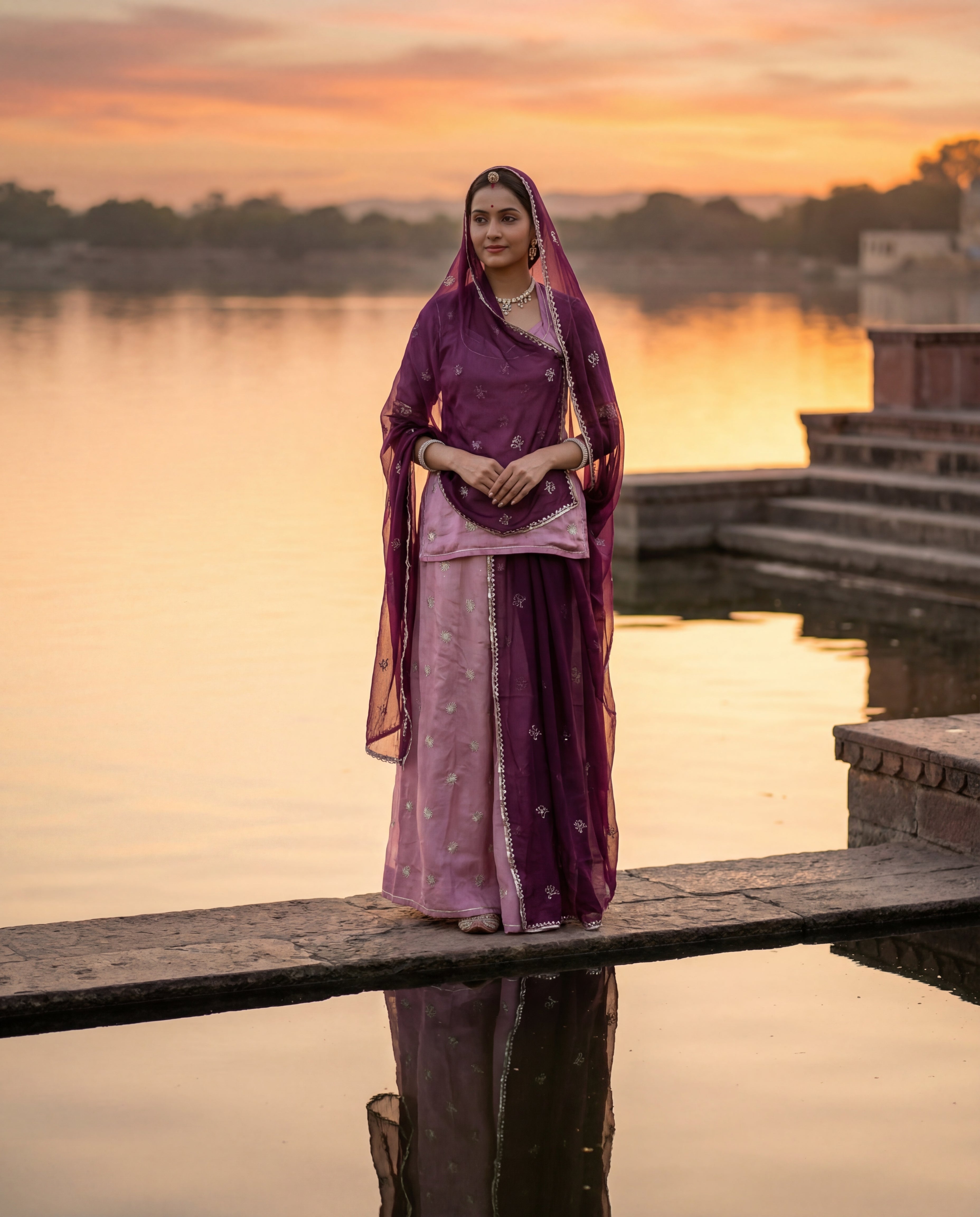 'Lavanya' - Dusty Pink Gold Butti Rajputi Suit Set + Deep Wine Odhani