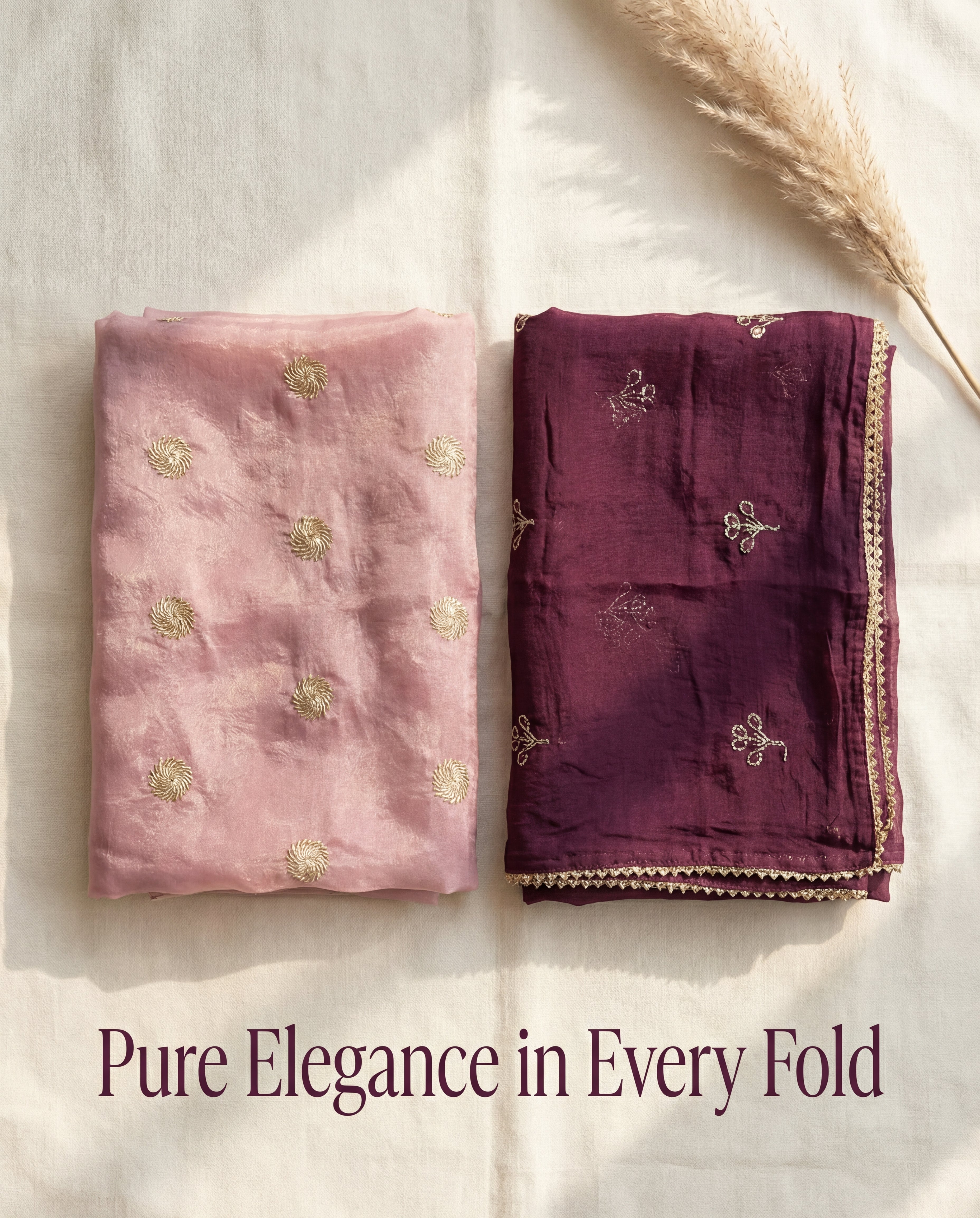 'Lavanya' - Dusty Pink Gold Butti Rajputi Suit Set + Deep Wine Odhani