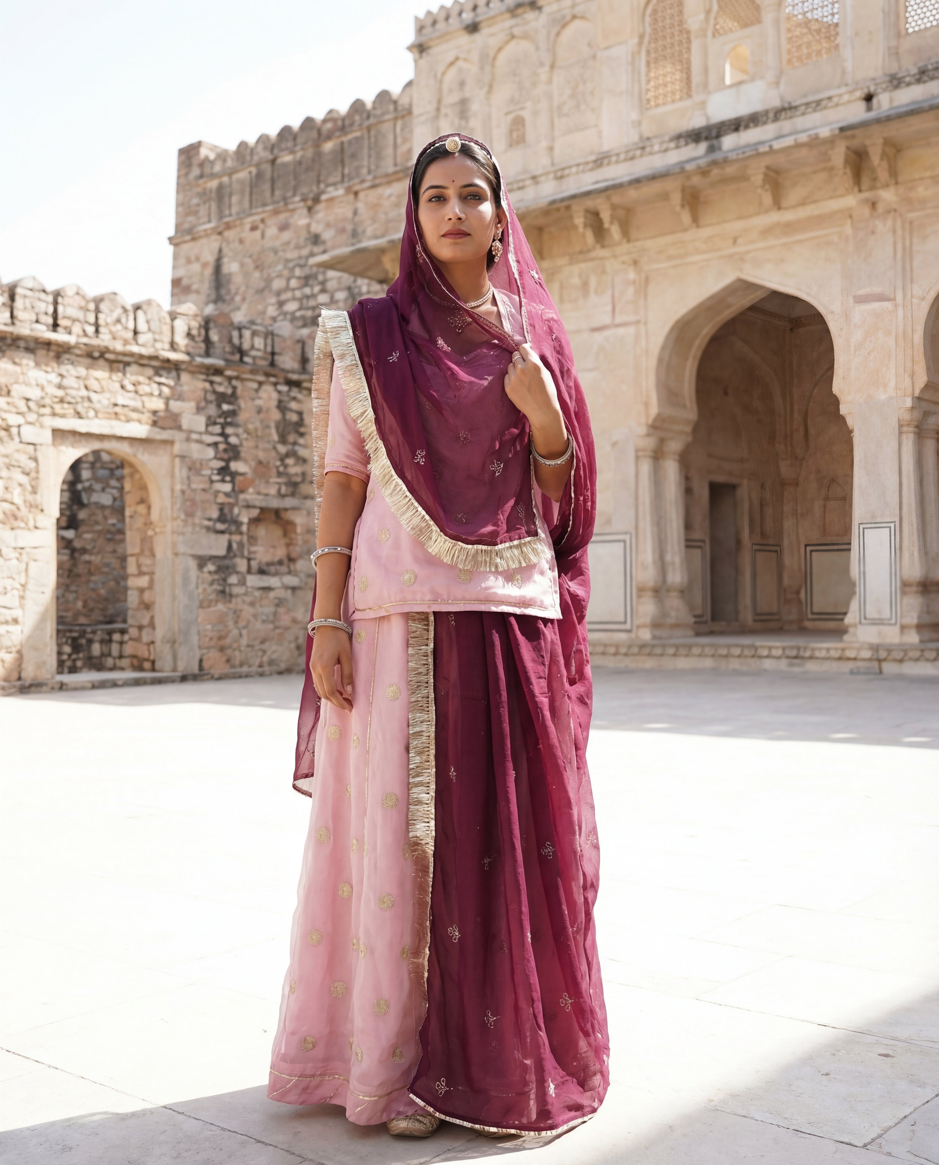 'Gulaabo' - Pastel Pink Gold Motif Rajputi Suit Set + Deep Maroon Odhani