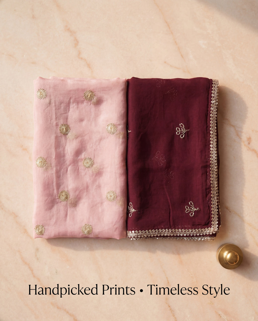 'Gulaabo' - Pastel Pink Gold Motif Rajputi Suit Set + Deep Maroon Odhani