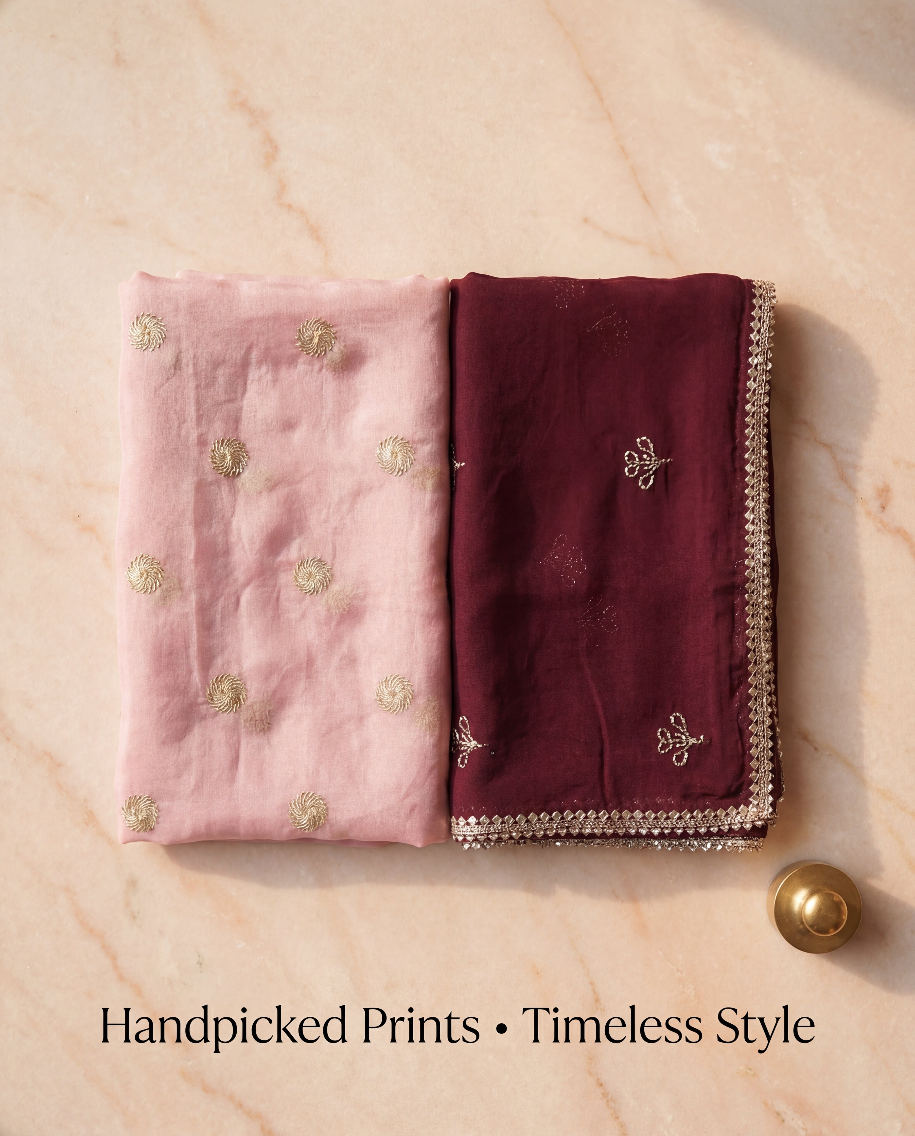 'Gulaabo' - Pastel Pink Gold Motif Rajputi Suit Set + Deep Maroon Odhani