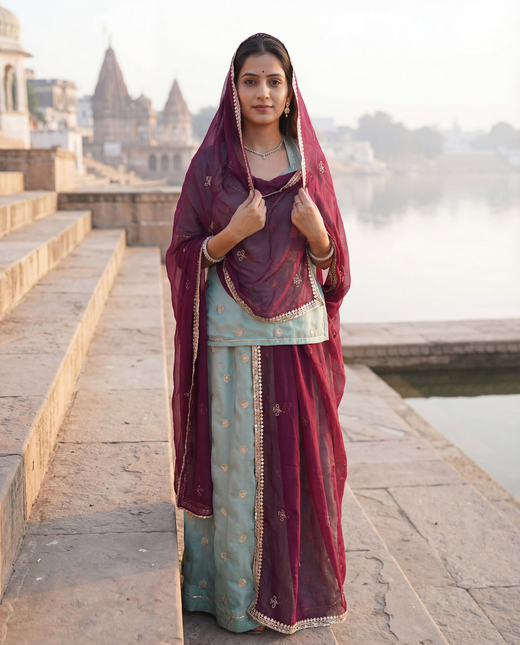 'Firoza' - Pastel Sea Green Gold Buti Rajputi Suit Set + Deep Wine Odhani