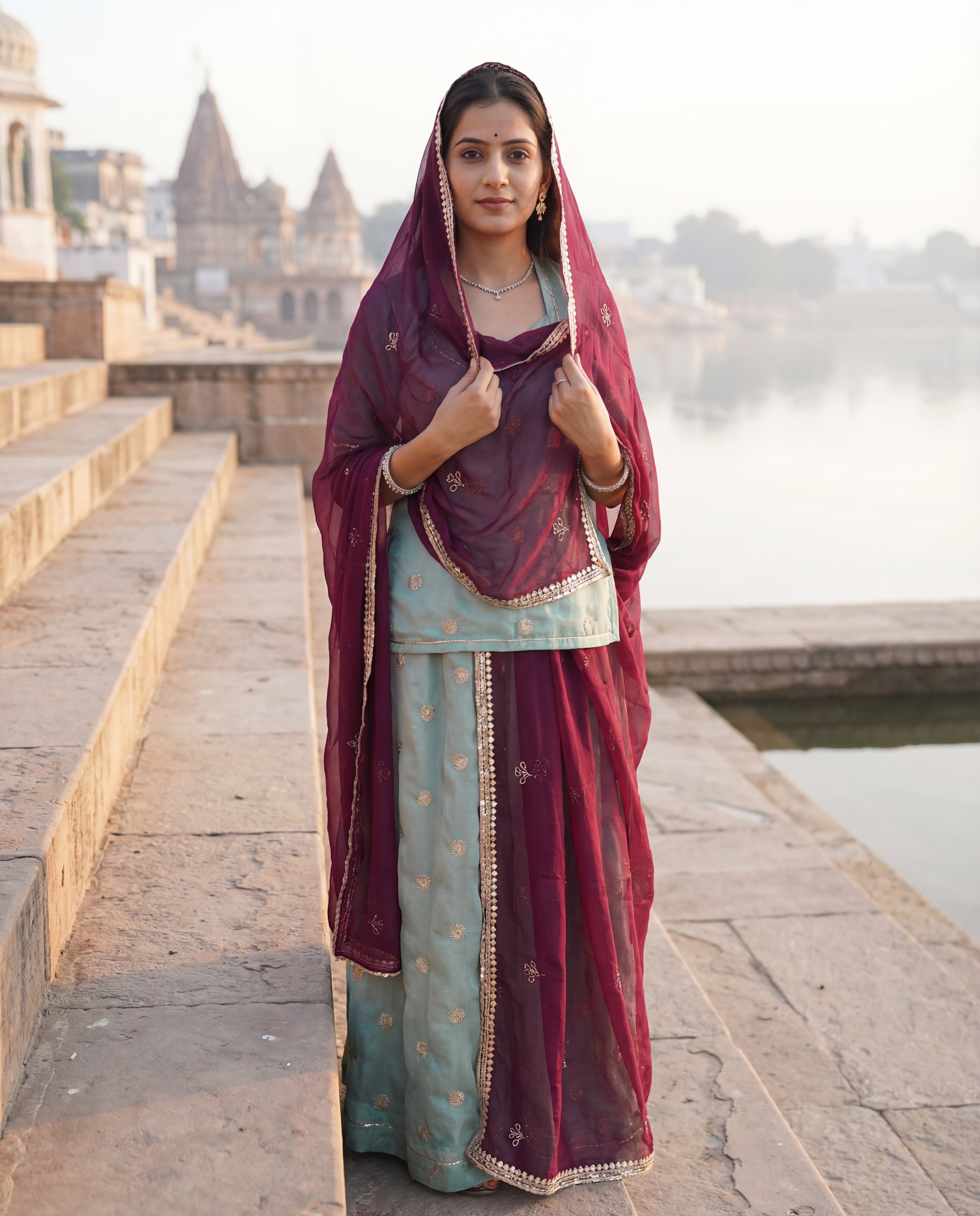 'Firoza' - Pastel Sea Green Gold Buti Rajputi Suit Set + Deep Wine Odhani