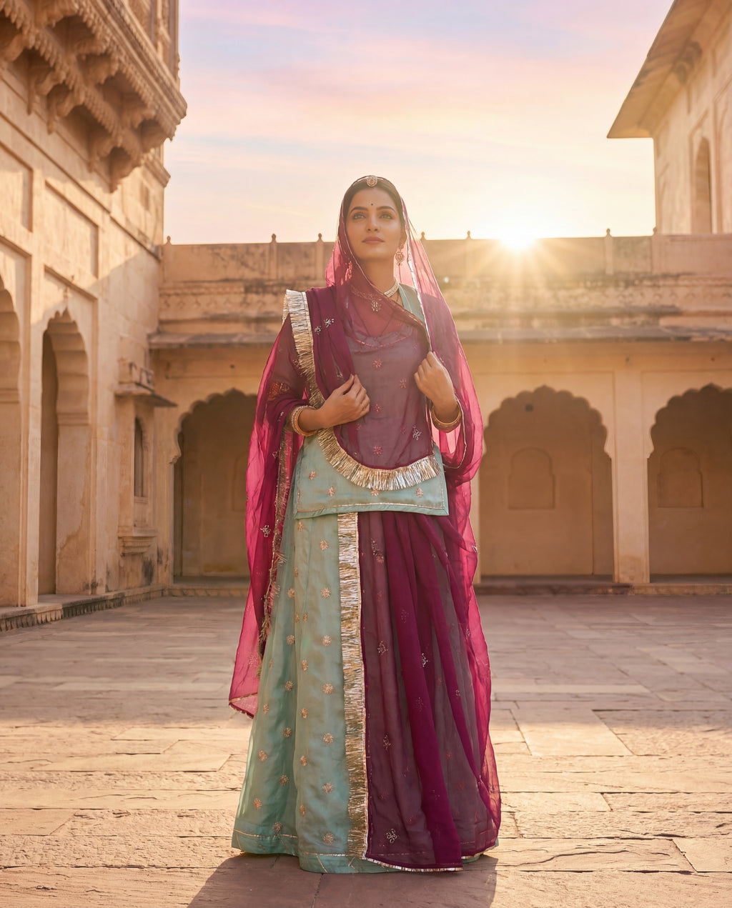 'Firoza' - Pastel Sea Green Gold Buti Rajputi Suit Set + Deep Wine Odhani